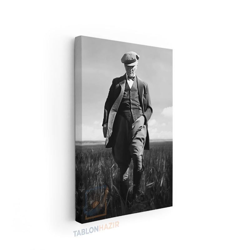 Dikey Kanvas Tablo Salon Duvar Tablosu Tarlada Atatürk Yeni Ev Hediyesi Ofis Tablosu