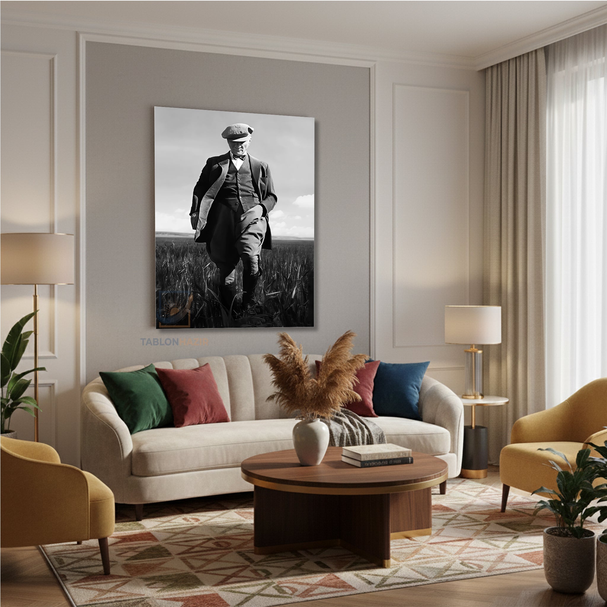 Dikey Kanvas Tablo Salon Duvar Tablosu Tarlada Atatürk Yeni Ev Hediyesi Ofis Tablosu