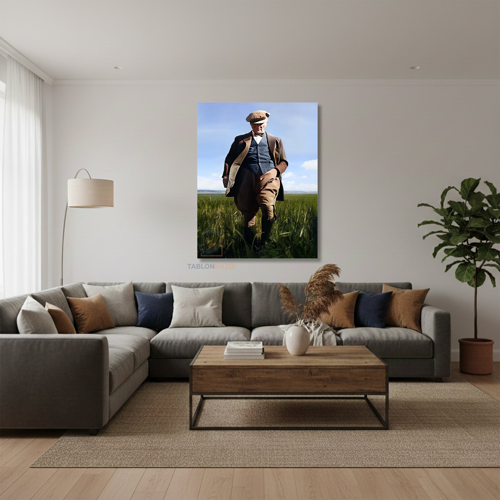 Dikey Kanvas Tablo Salon Duvar Tablosu Tarlada Atatürk Renkli Yeni Ev Hediyesi Ofis Tablosu