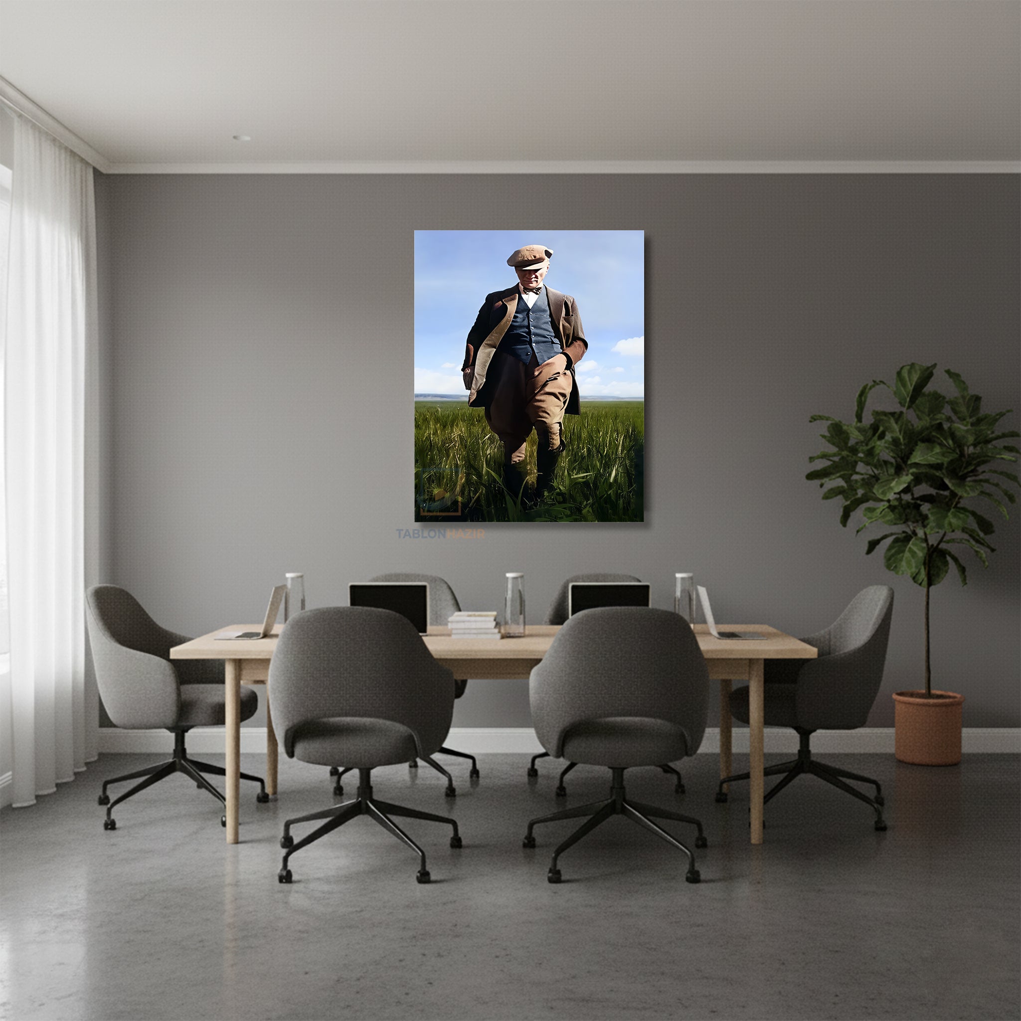 Dikey Kanvas Tablo Salon Duvar Tablosu Tarlada Atatürk Renkli Yeni Ev Hediyesi Ofis Tablosu