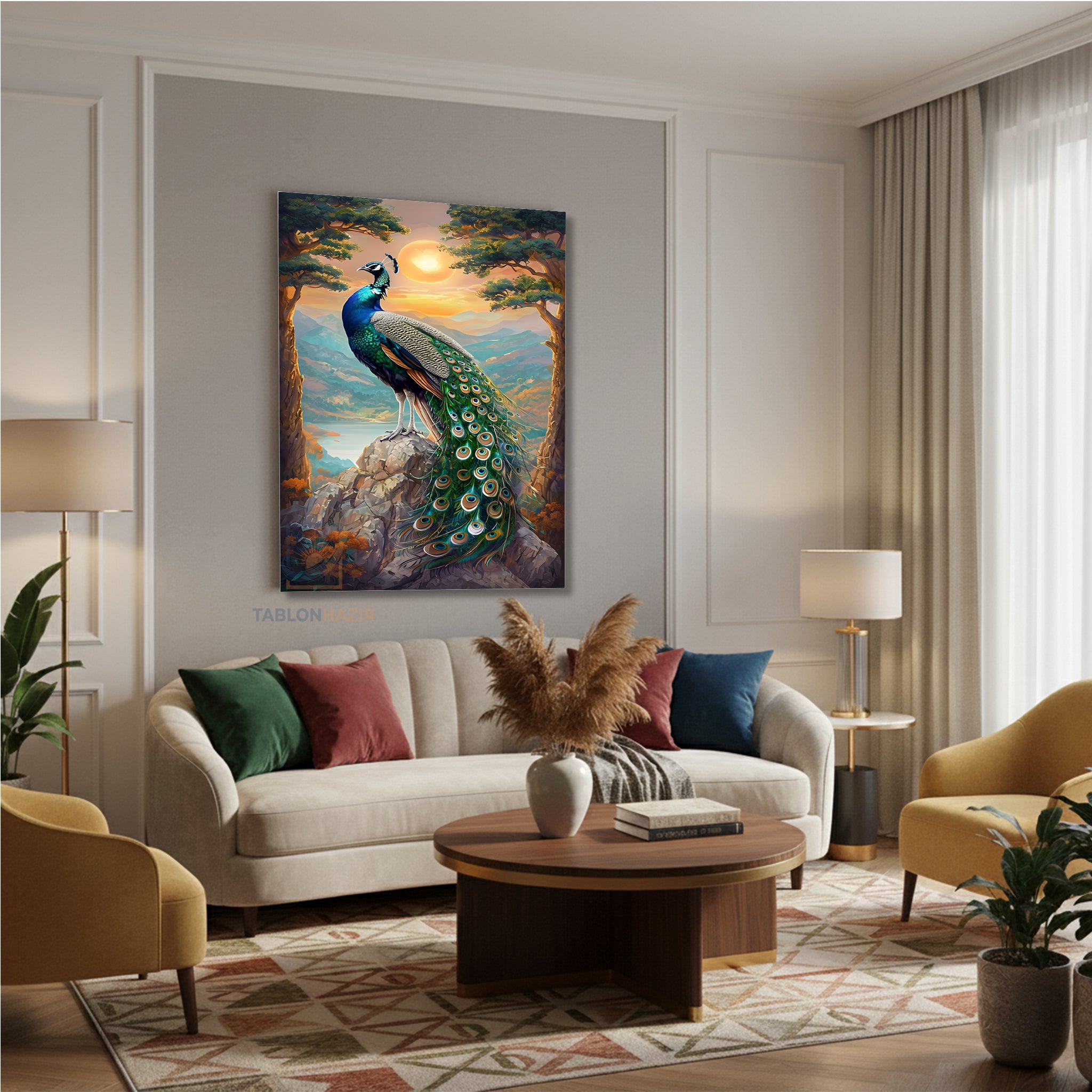 Dikey Kanvas Tablo Salon Duvar Tablosu TavusKuşu Güneş Yeni Ev Hediyesi Ofis Tablosu