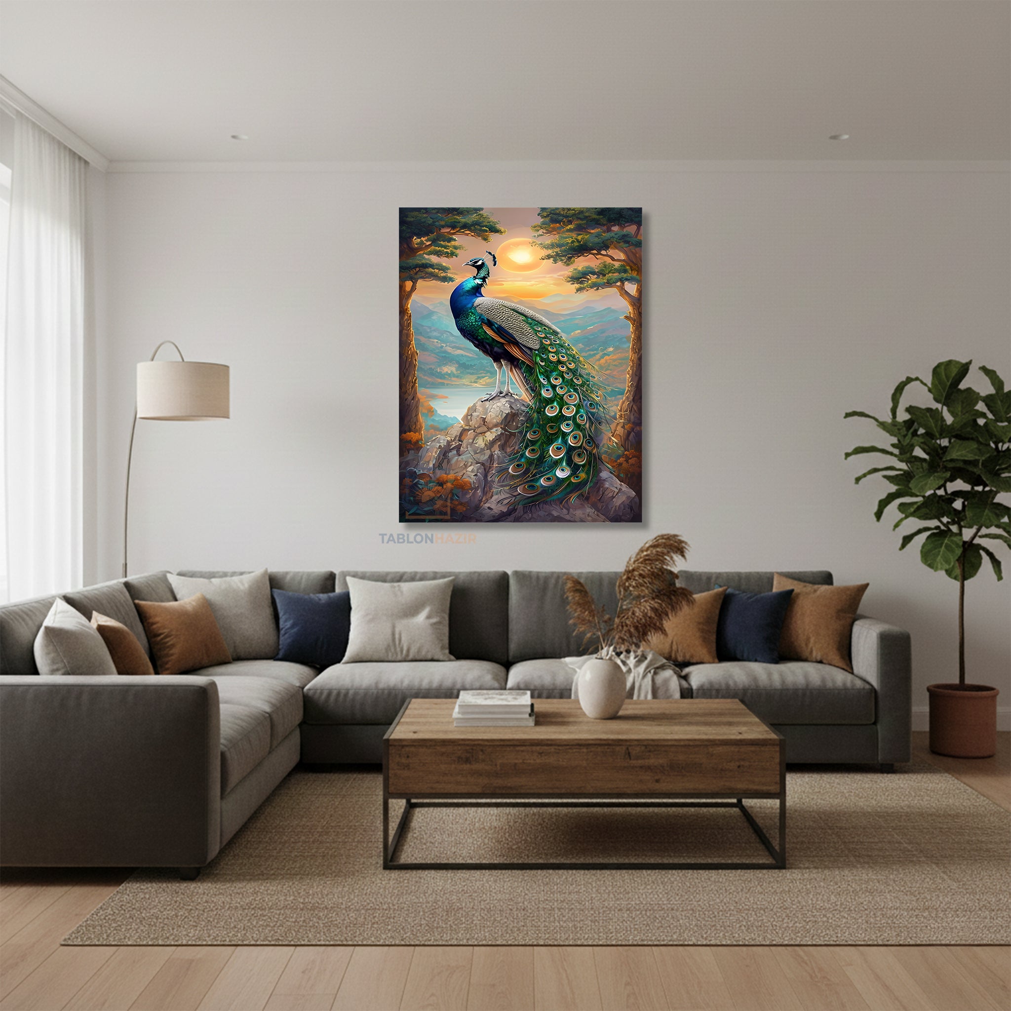 Dikey Kanvas Tablo Salon Duvar Tablosu TavusKuşu Güneş Yeni Ev Hediyesi Ofis Tablosu