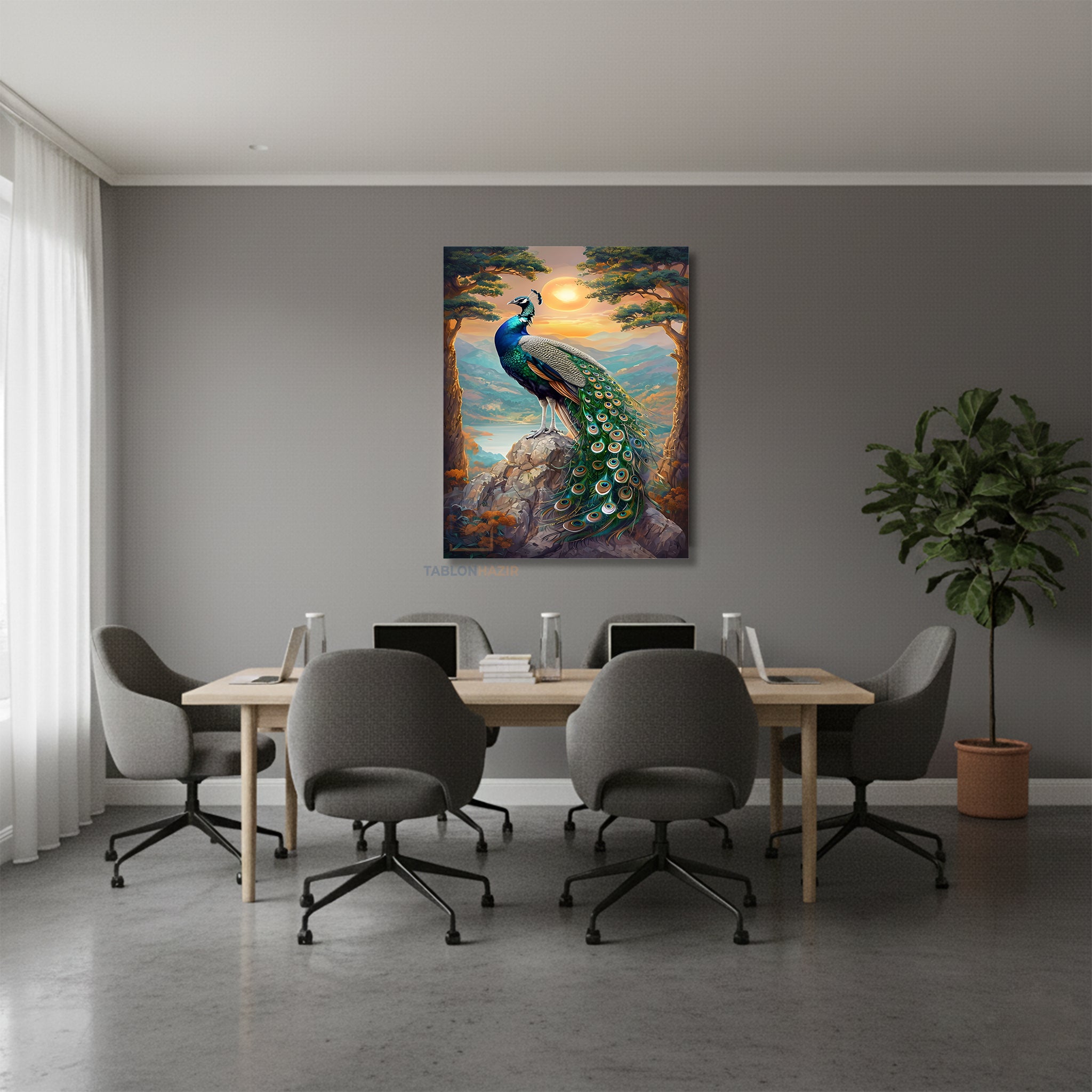 Dikey Kanvas Tablo Salon Duvar Tablosu TavusKuşu Güneş Yeni Ev Hediyesi Ofis Tablosu