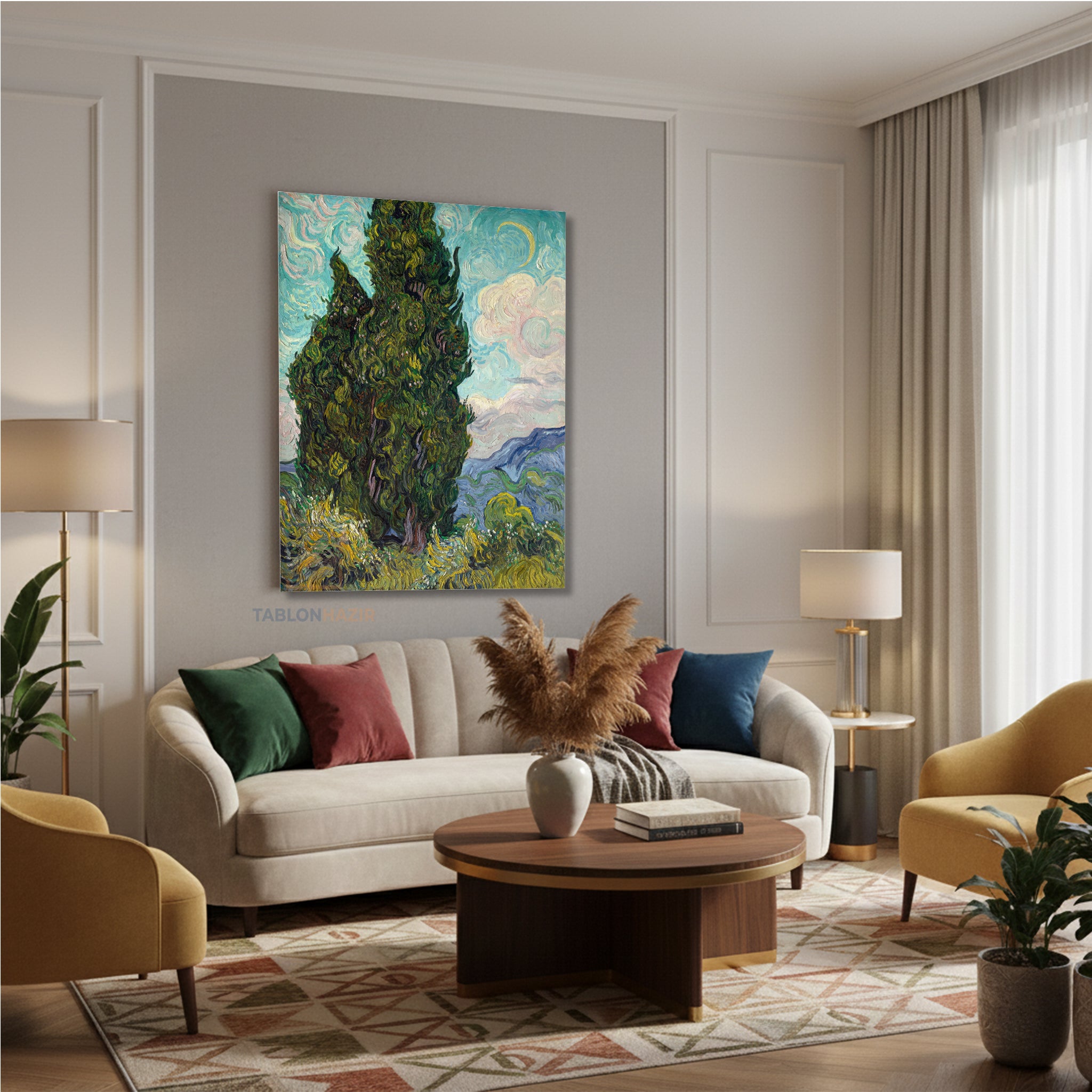 Dikey Kanvas Tablo Salon Duvar Tablosu Vangogh Cypresses Yeni Ev Hediyesi Ofis Tablosu