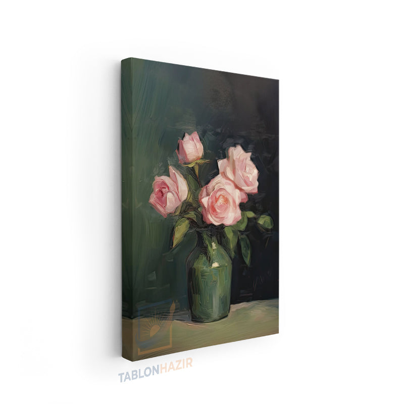 Dikey Kanvas Tablo Salon Duvar Tablosu Vazoda Pembe Guller Yeni Ev Hediyesi Ofis Tablosu