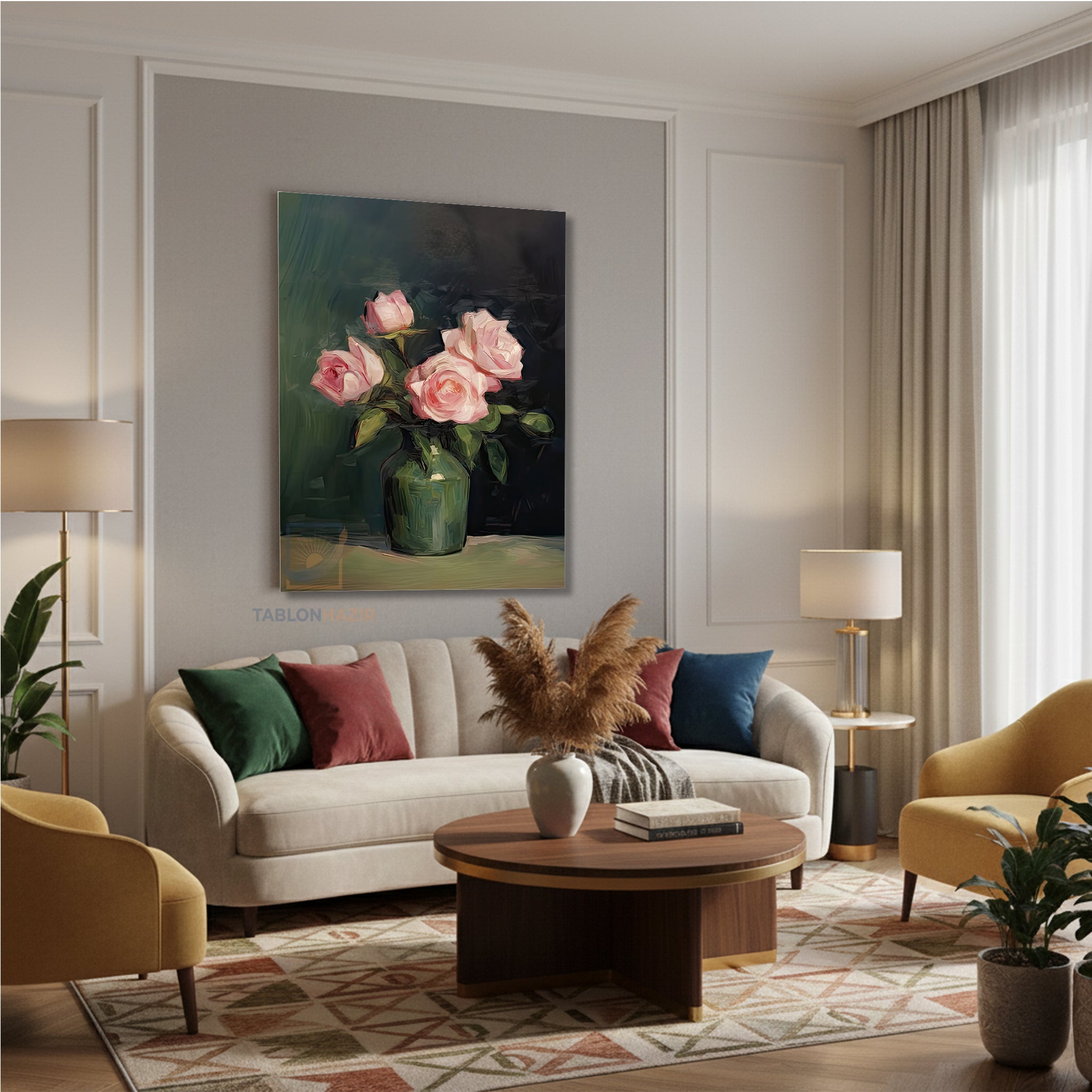 Dikey Kanvas Tablo Salon Duvar Tablosu Vazoda Pembe Guller Yeni Ev Hediyesi Ofis Tablosu