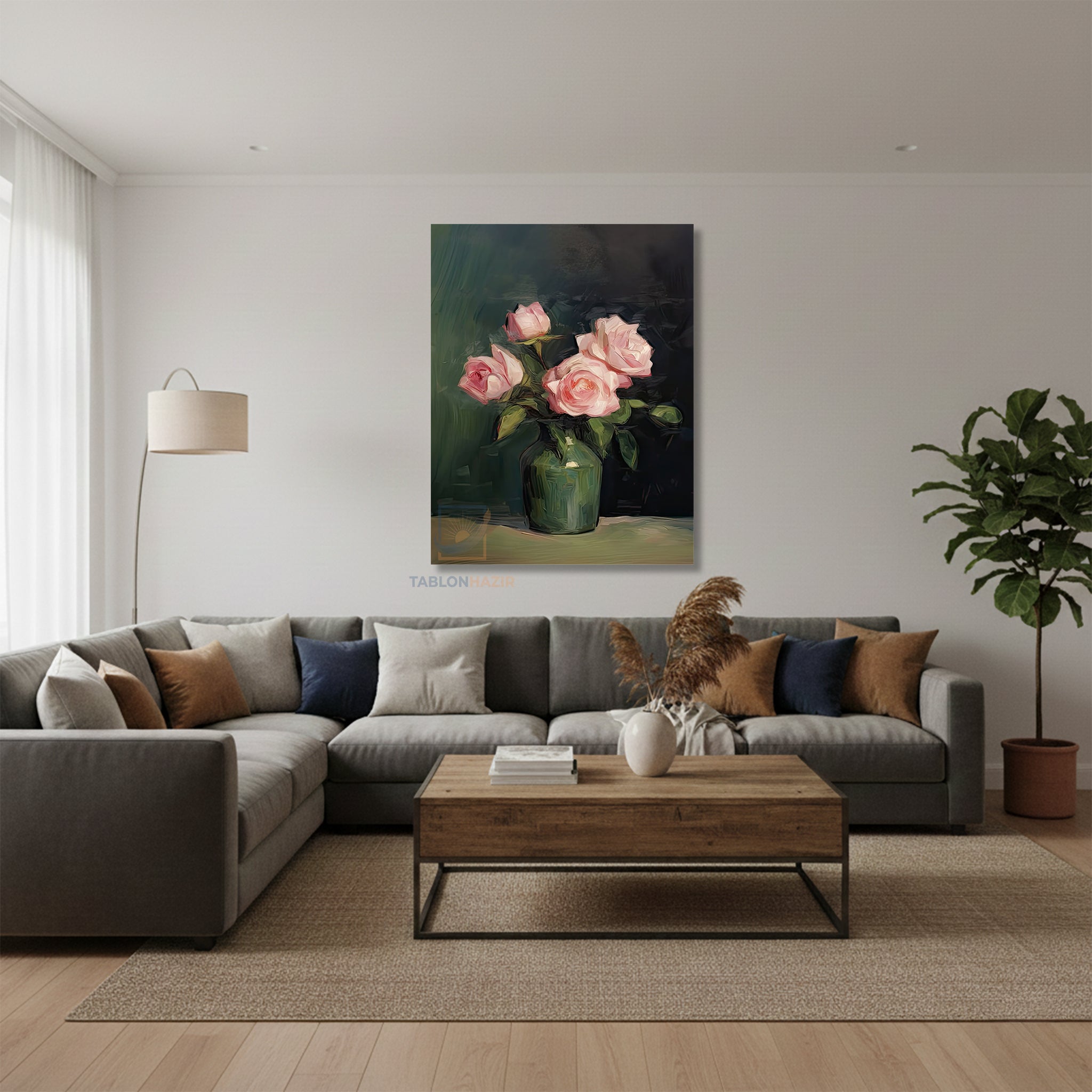 Dikey Kanvas Tablo Salon Duvar Tablosu Vazoda Pembe Guller Yeni Ev Hediyesi Ofis Tablosu