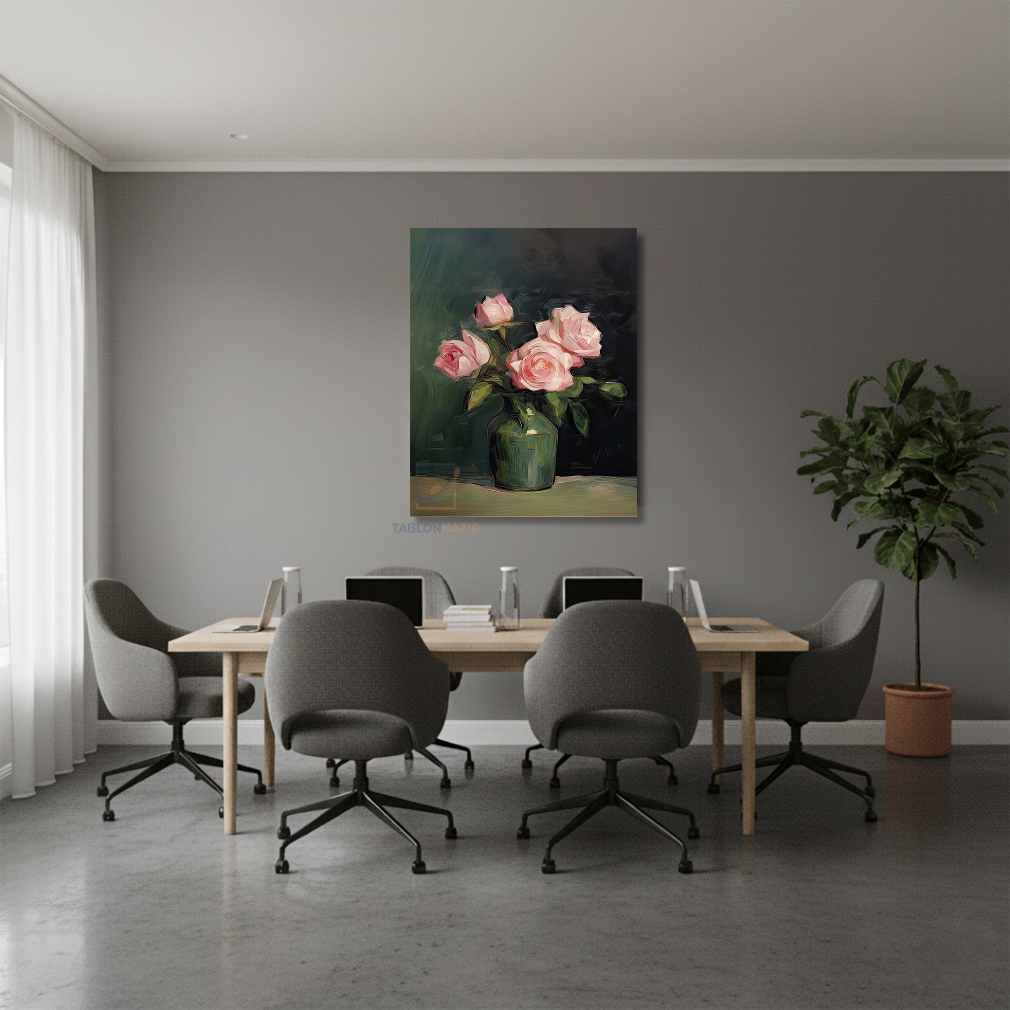 Dikey Kanvas Tablo Salon Duvar Tablosu Vazoda Pembe Guller Yeni Ev Hediyesi Ofis Tablosu