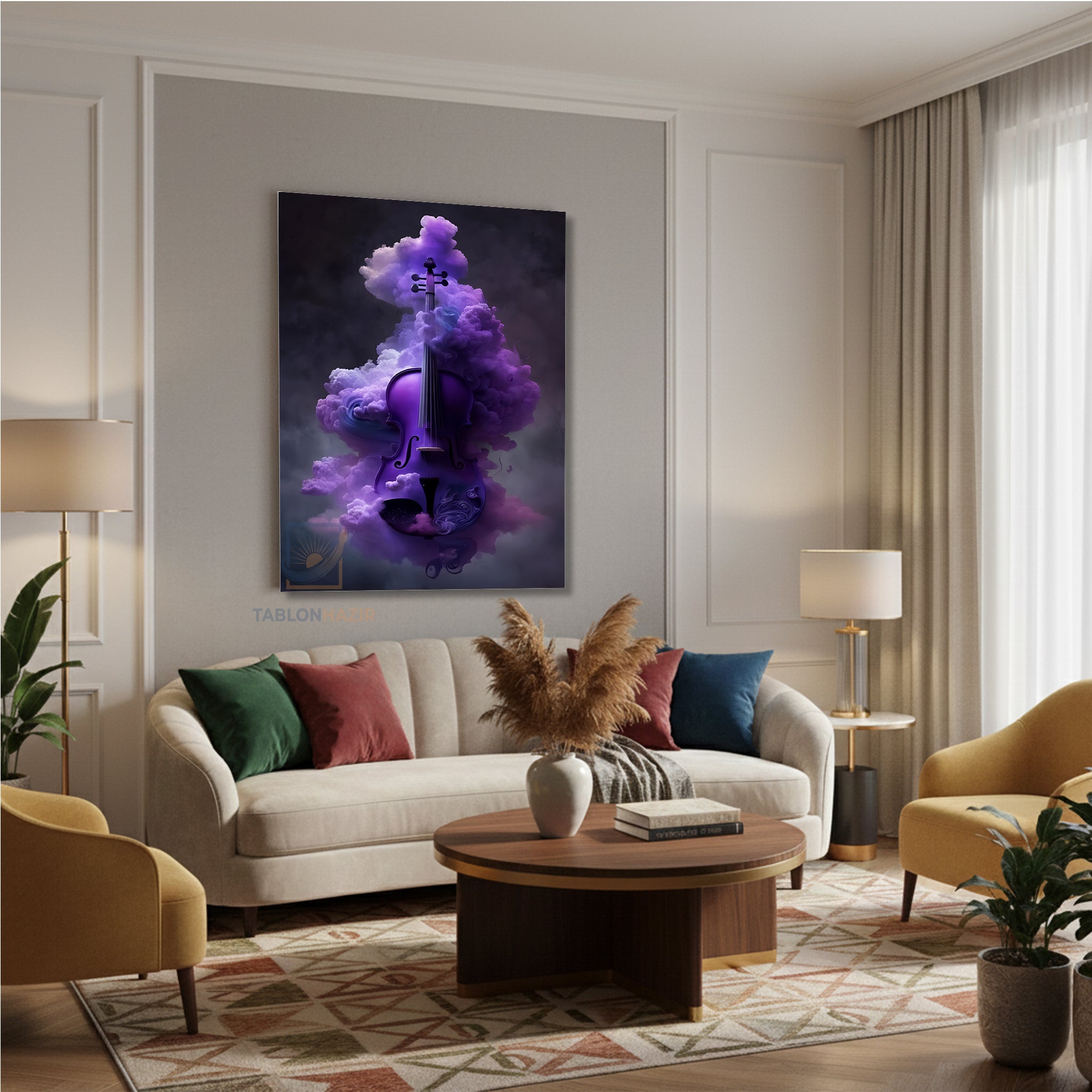 Dikey Kanvas Tablo Salon Duvar Tablosu Violin Mor Yeni Ev Hediyesi Ofis Tablosu
