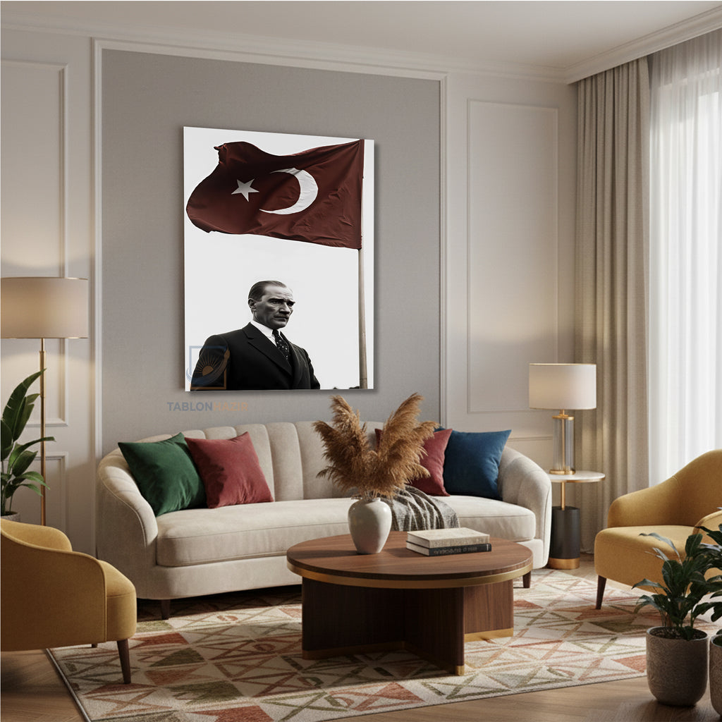 Dikey Kanvas Tablo Salon Duvar Tablosu Bayrak Ve Atatürk Yeni Ev Hediyesi Ofis Tablosu