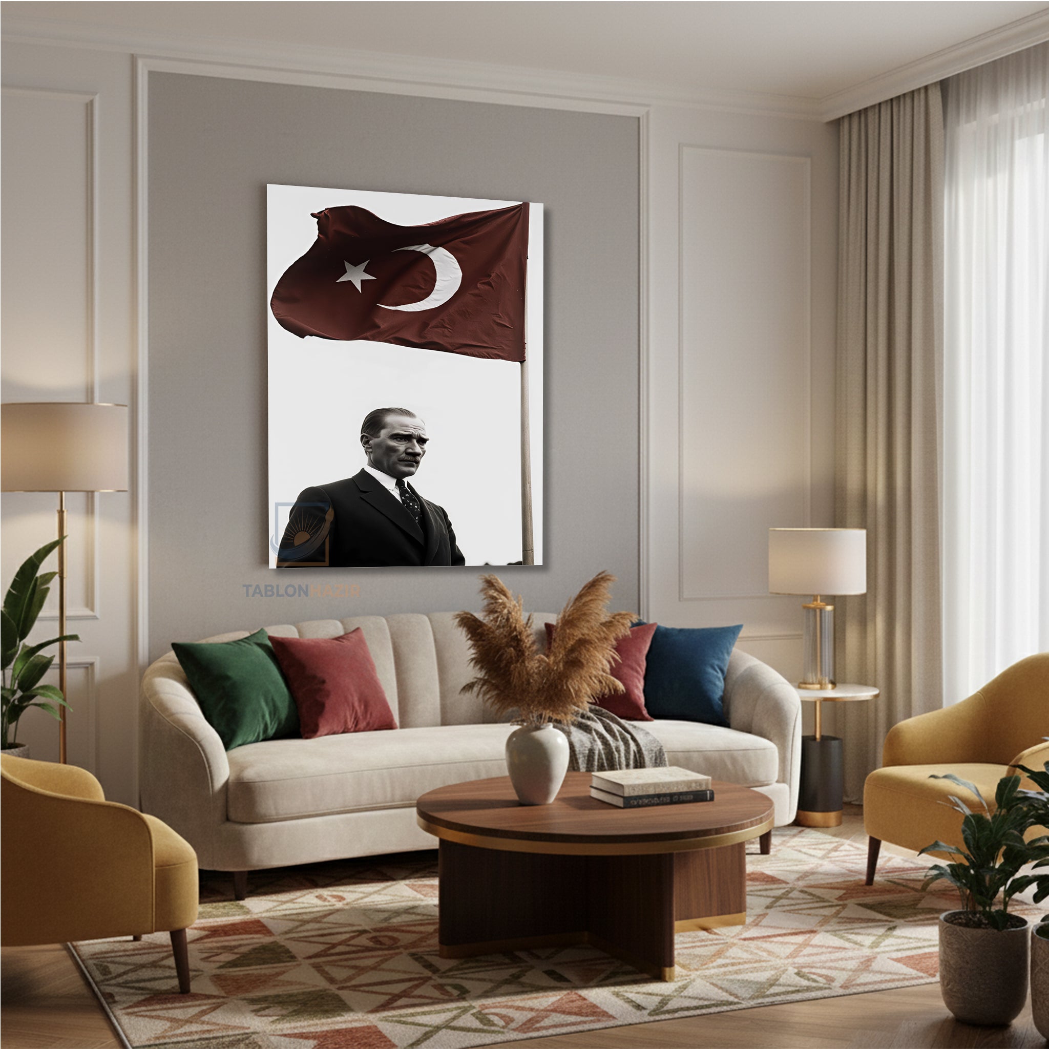 Dikey Kanvas Tablo Salon Duvar Tablosu Bayrak Ve Atatürk Yeni Ev Hediyesi Ofis Tablosu