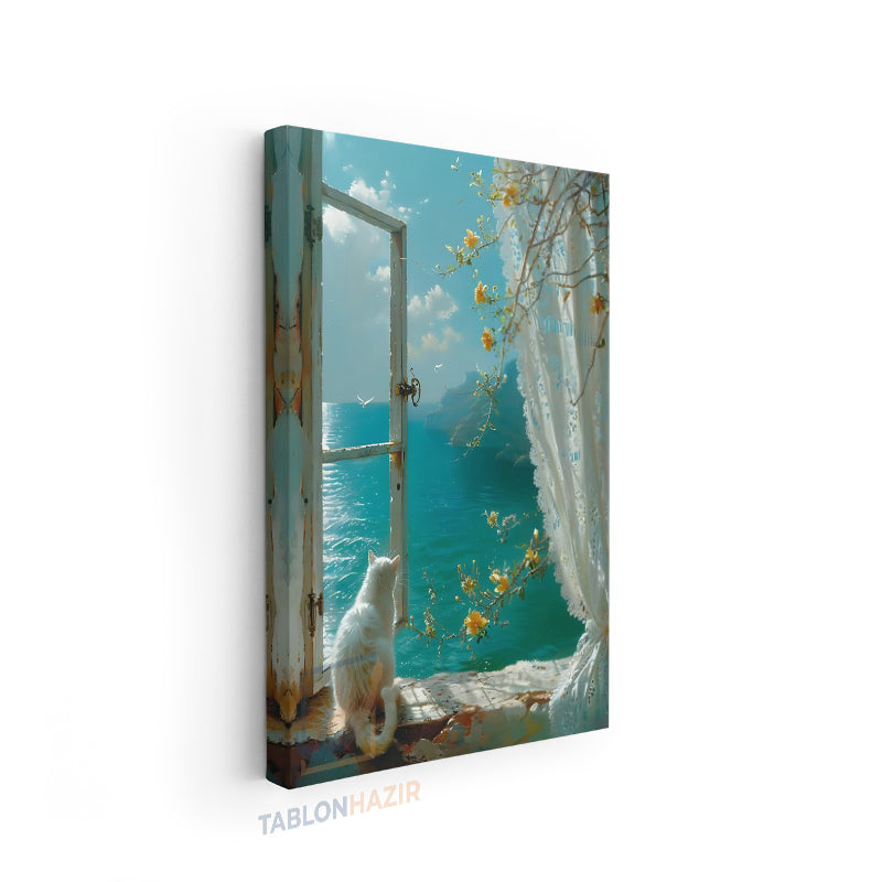 Dikey Kanvas Tablo Salon Duvar Tablosu Camdaki Kedi Manzara Yeni Ev Hediyesi Ofis Tablosu