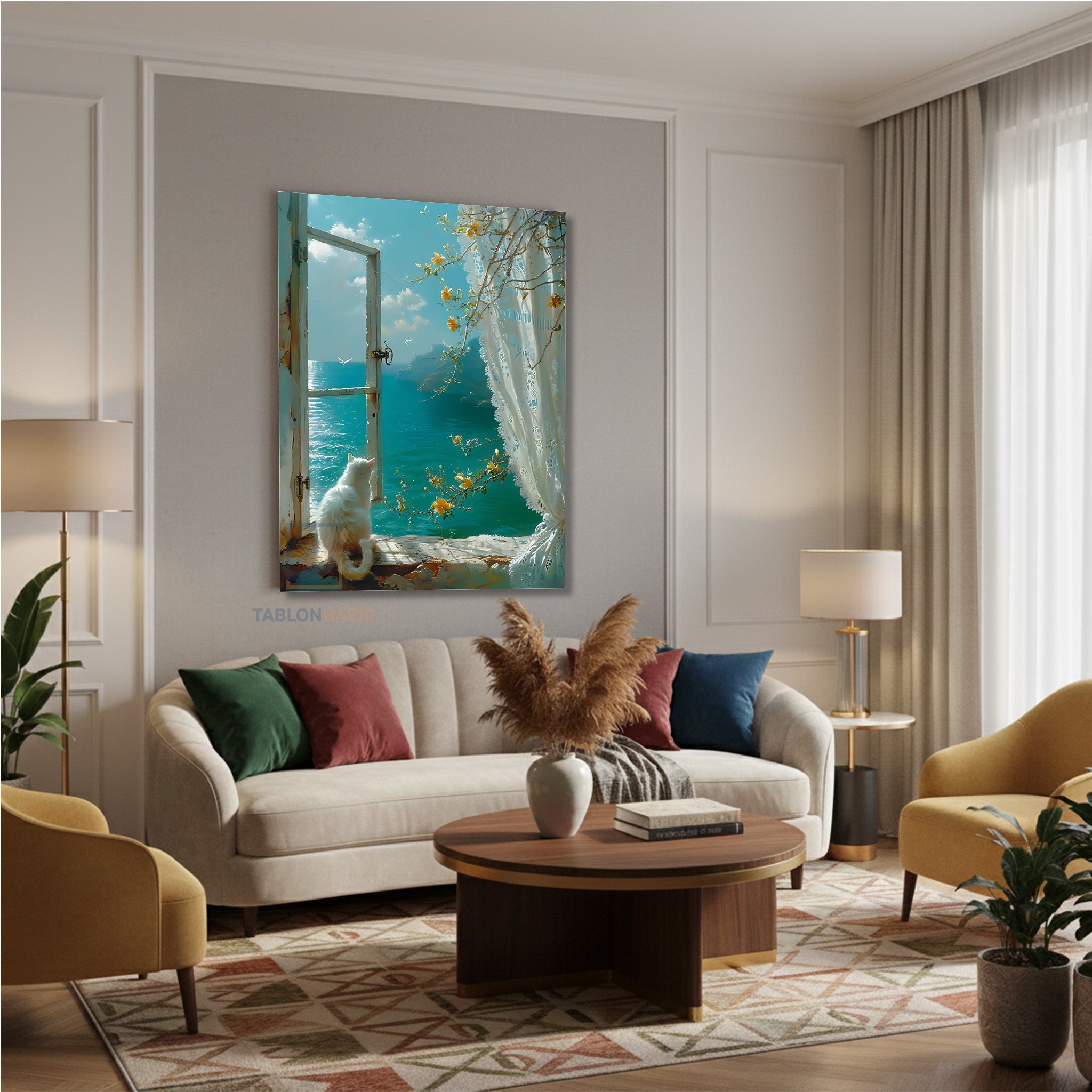 Dikey Kanvas Tablo Salon Duvar Tablosu Camdaki Kedi Manzara Yeni Ev Hediyesi Ofis Tablosu