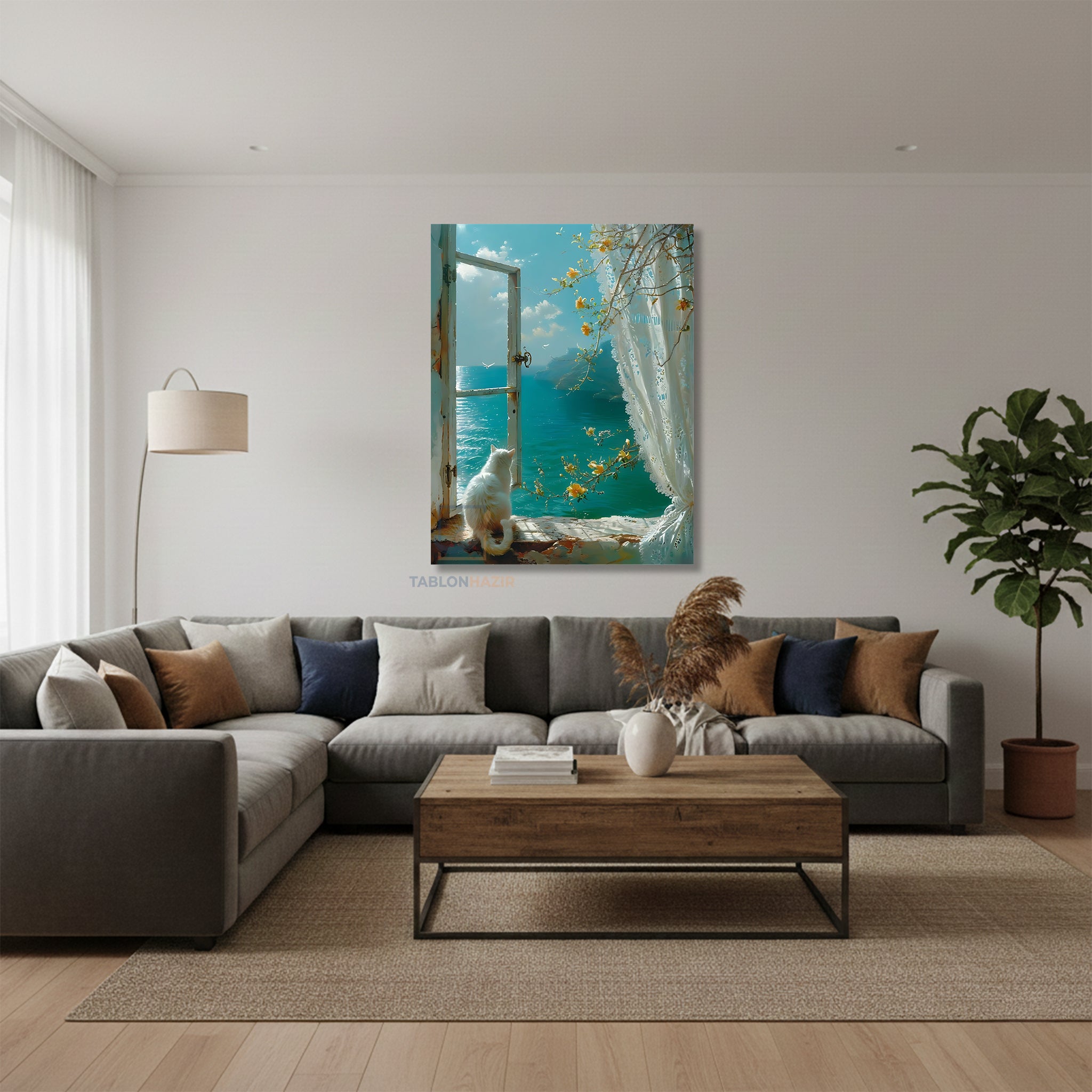 Dikey Kanvas Tablo Salon Duvar Tablosu Camdaki Kedi Manzara Yeni Ev Hediyesi Ofis Tablosu