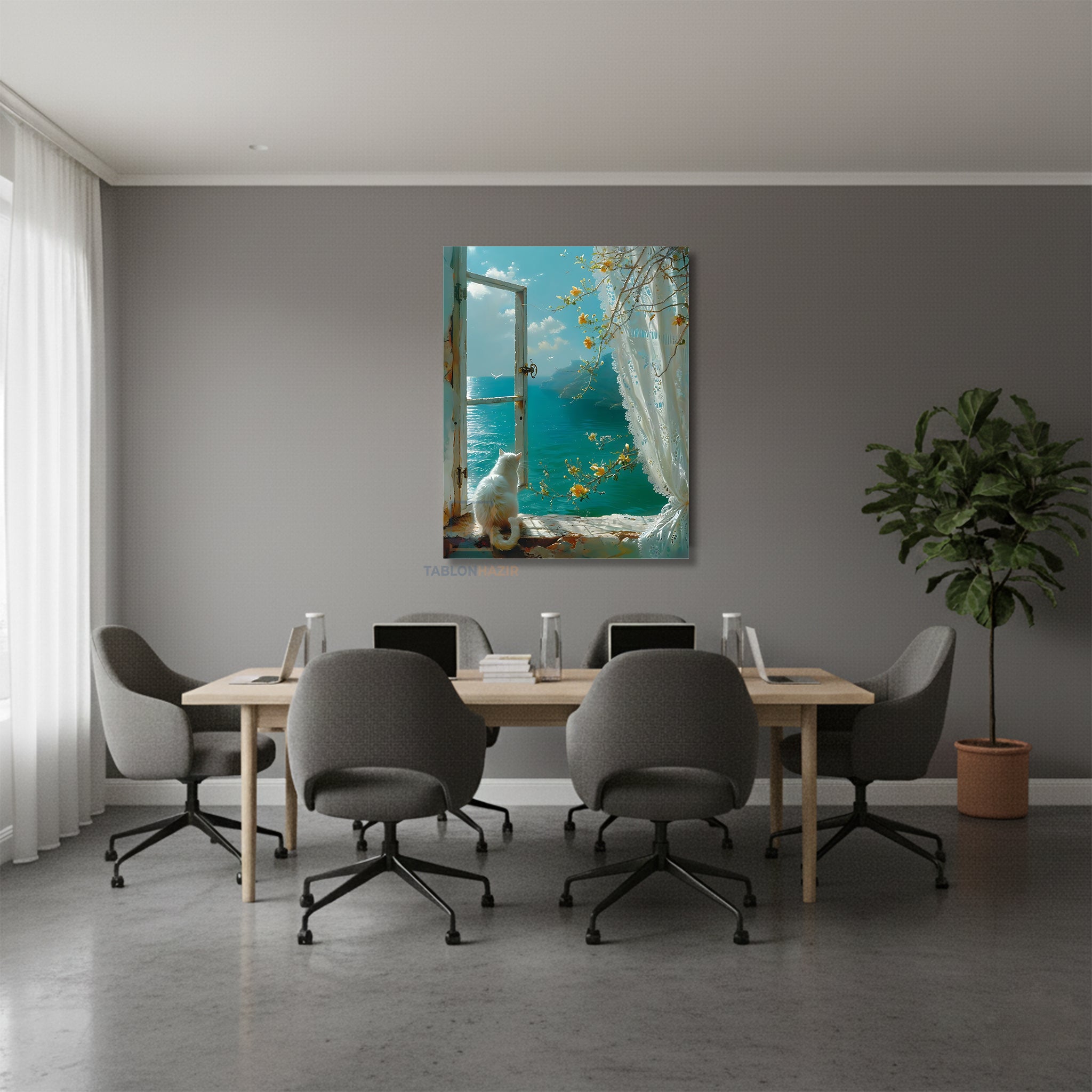 Dikey Kanvas Tablo Salon Duvar Tablosu Camdaki Kedi Manzara Yeni Ev Hediyesi Ofis Tablosu