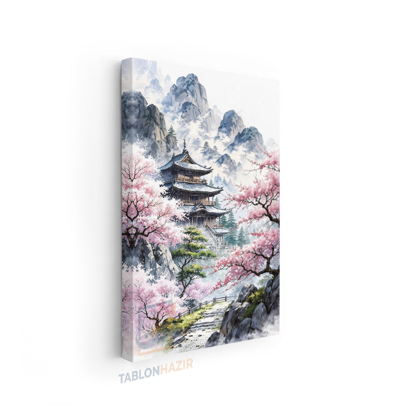 Dikey Kanvas Tablo Salon Duvar Tablosu Kiraz Çiçekleri Tapinak Yeni Ev Hediyesi Ofis Tablosu