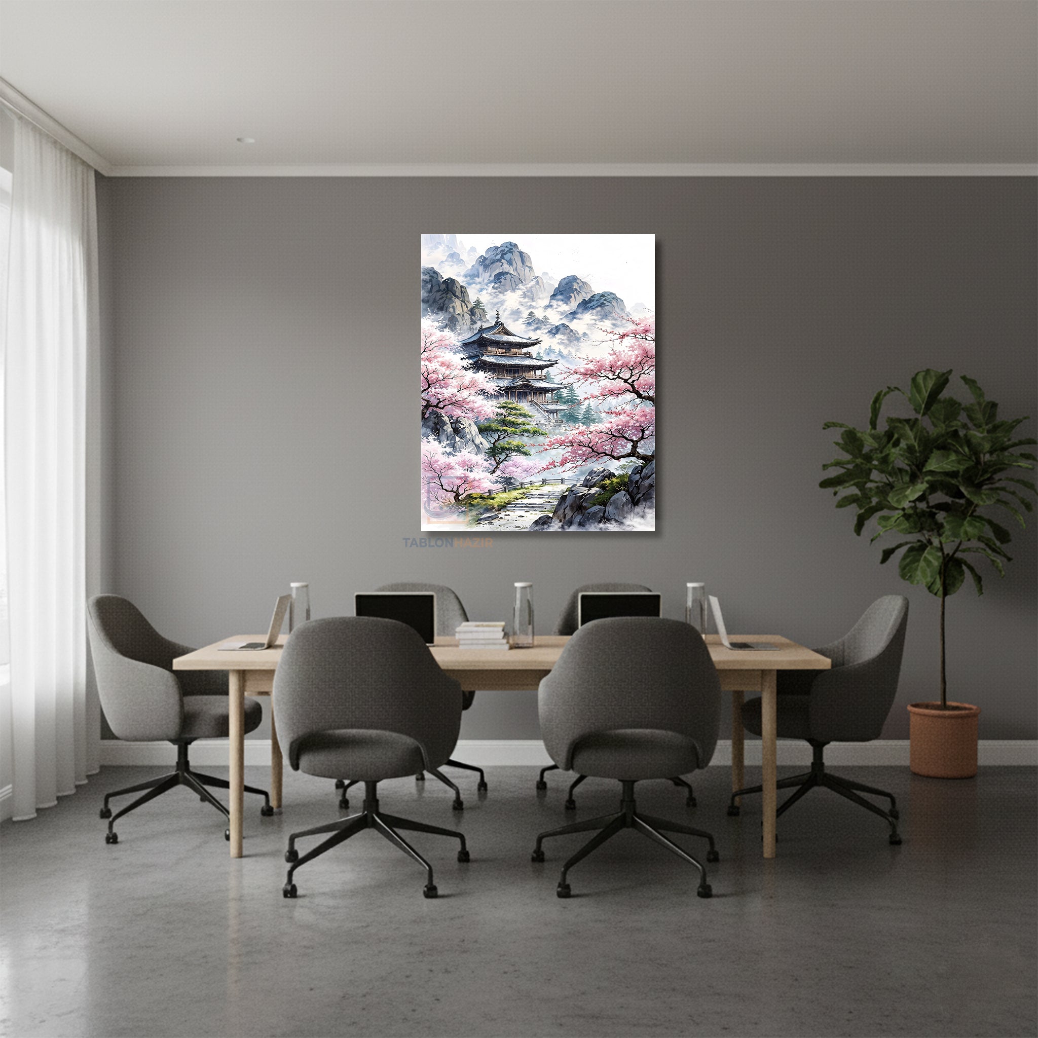 Dikey Kanvas Tablo Salon Duvar Tablosu Kiraz Çiçekleri Tapinak Yeni Ev Hediyesi Ofis Tablosu