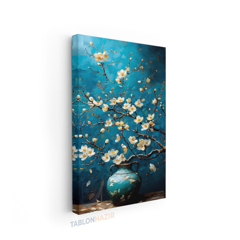 Dikey Kanvas Tablo Salon Duvar Tablosu Mavi Vazodaki Çiçekler Yeni Ev Hediyesi Ofis Tablosu