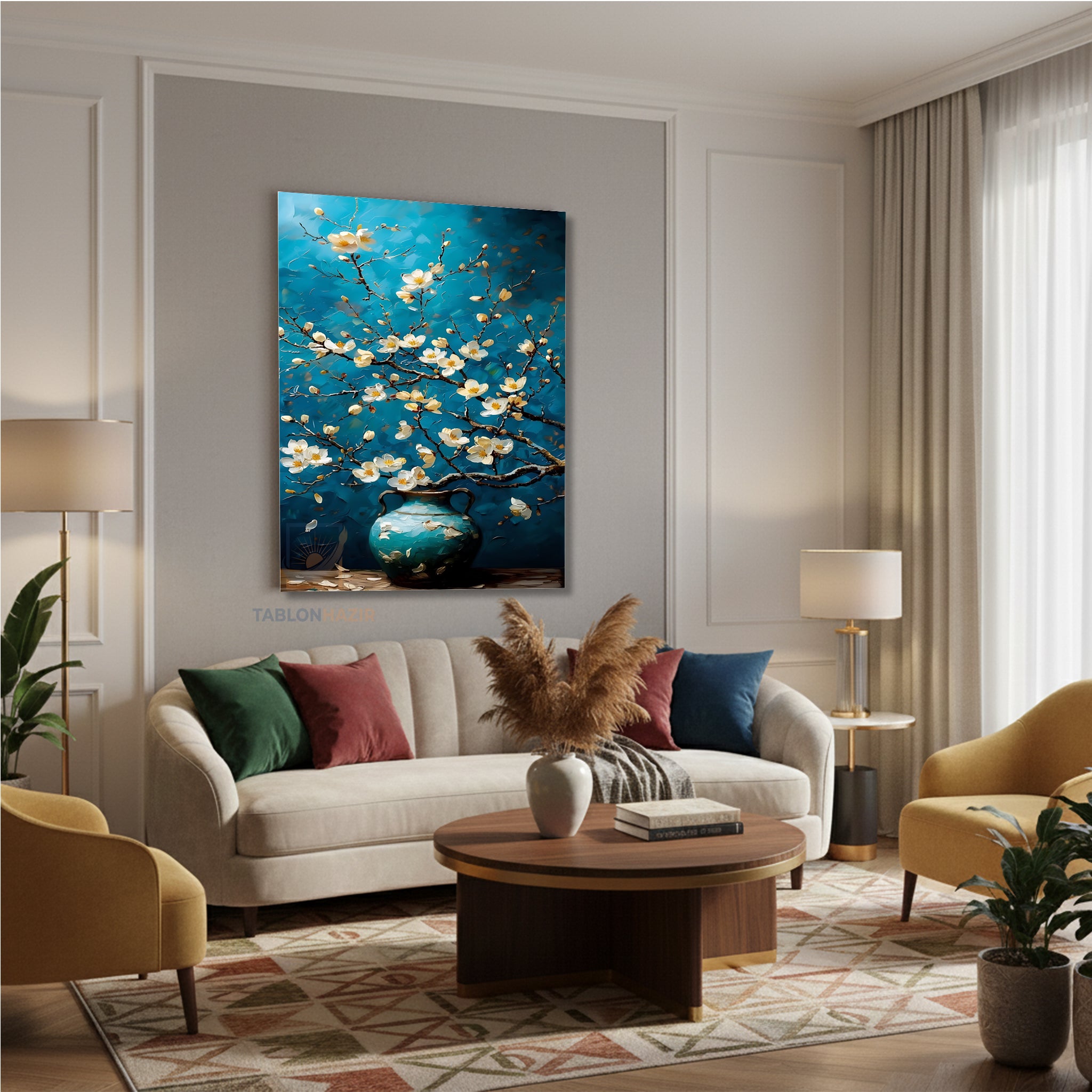 Dikey Kanvas Tablo Salon Duvar Tablosu Mavi Vazodaki Çiçekler Yeni Ev Hediyesi Ofis Tablosu