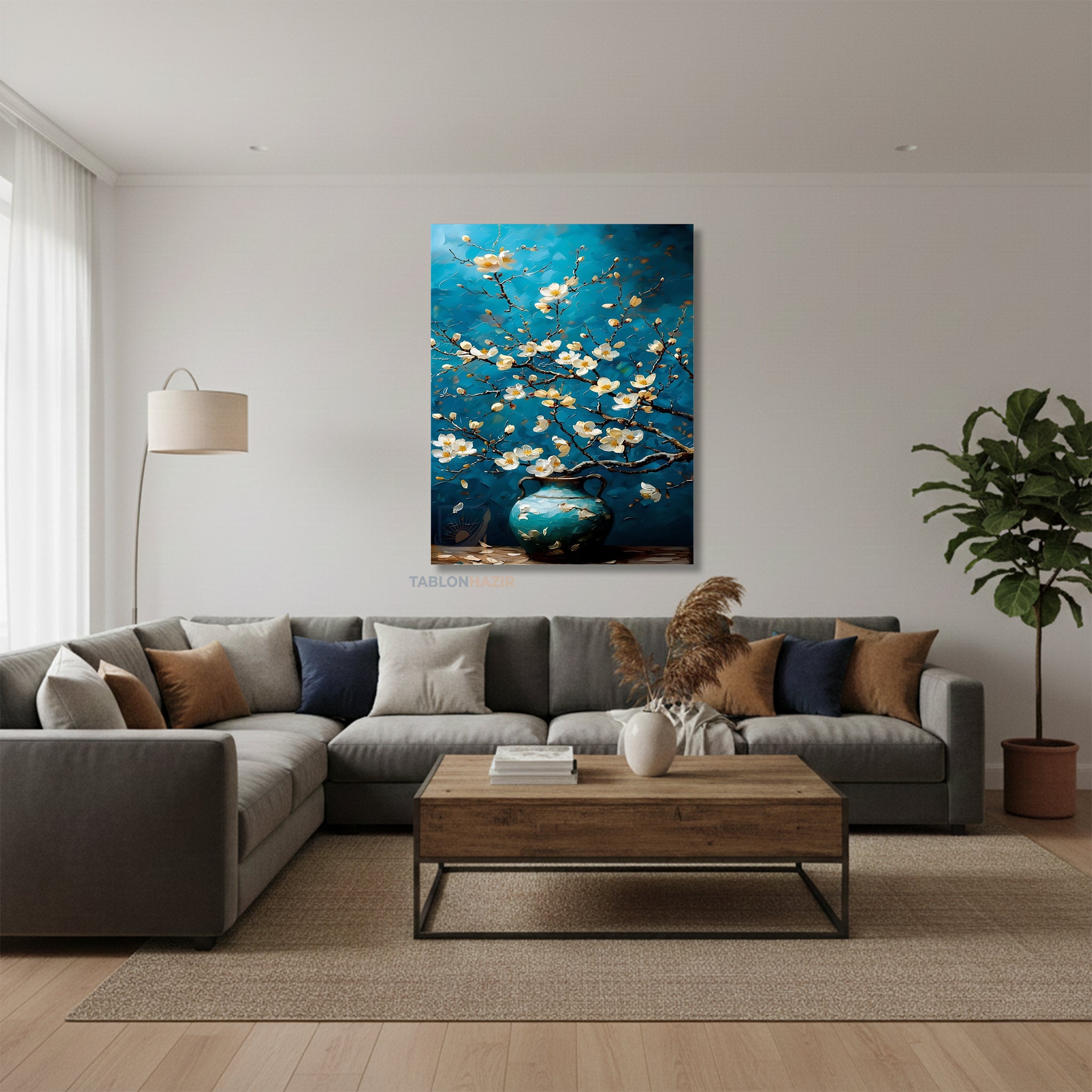 Dikey Kanvas Tablo Salon Duvar Tablosu Mavi Vazodaki Çiçekler Yeni Ev Hediyesi Ofis Tablosu