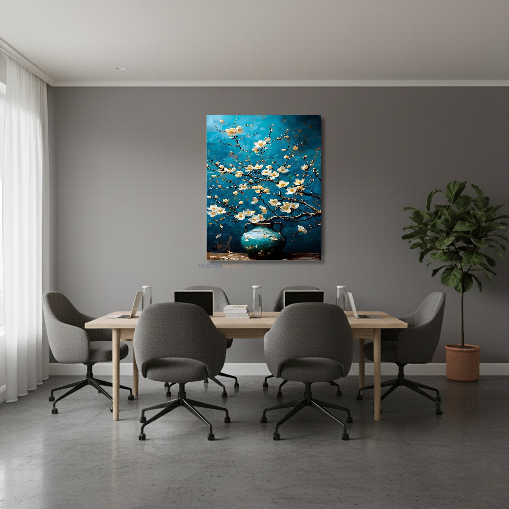 Dikey Kanvas Tablo Salon Duvar Tablosu Mavi Vazodaki Çiçekler Yeni Ev Hediyesi Ofis Tablosu