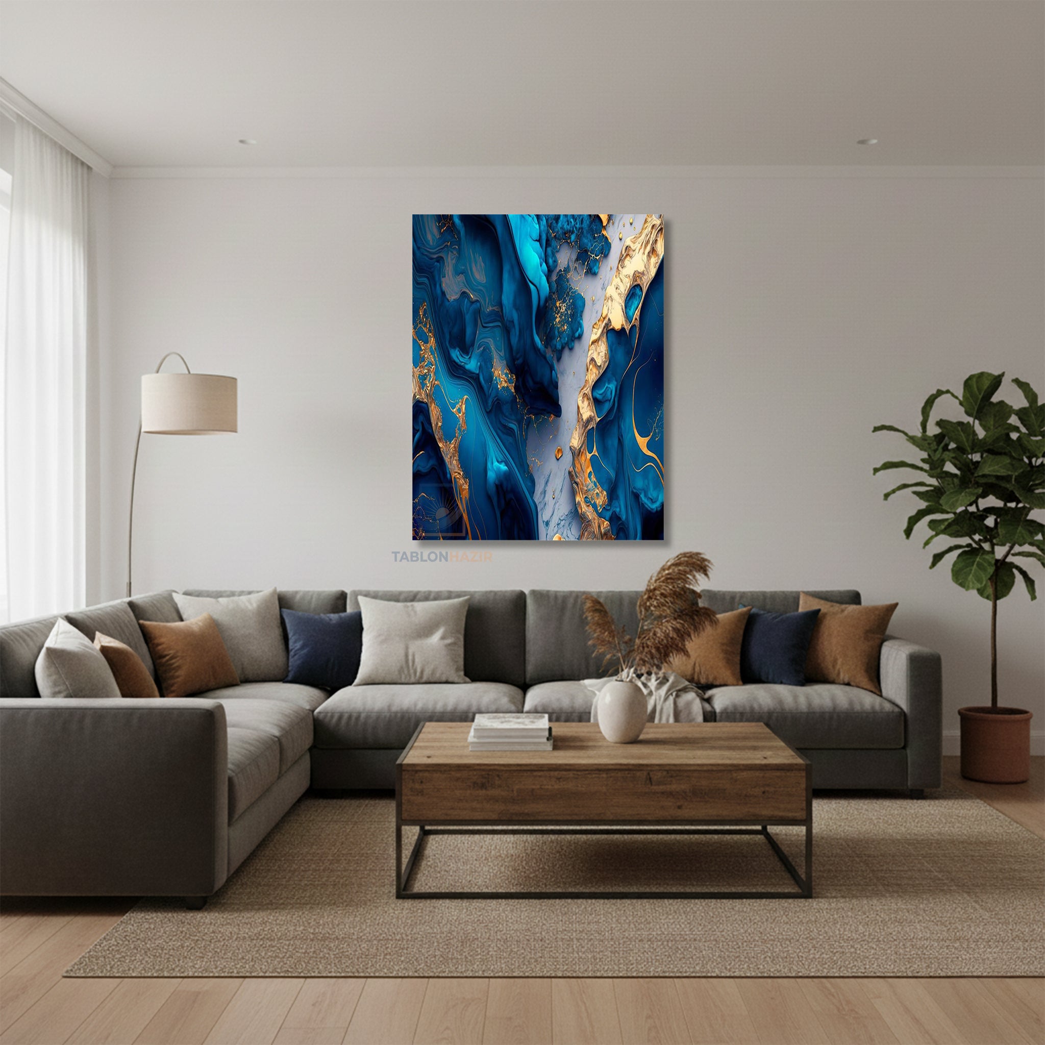 Dikey Kanvas Tablo Salon Duvar Tablosu Mermer Mavi Sari Yeni Ev Hediyesi Ofis Tablosu