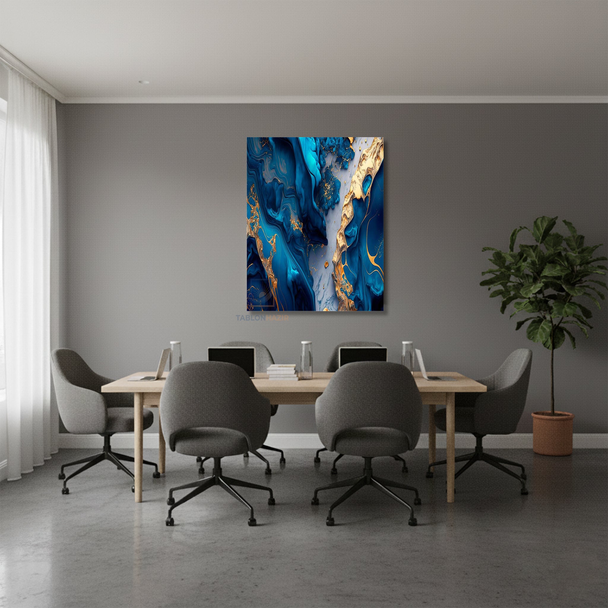 Dikey Kanvas Tablo Salon Duvar Tablosu Mermer Mavi Sari Yeni Ev Hediyesi Ofis Tablosu