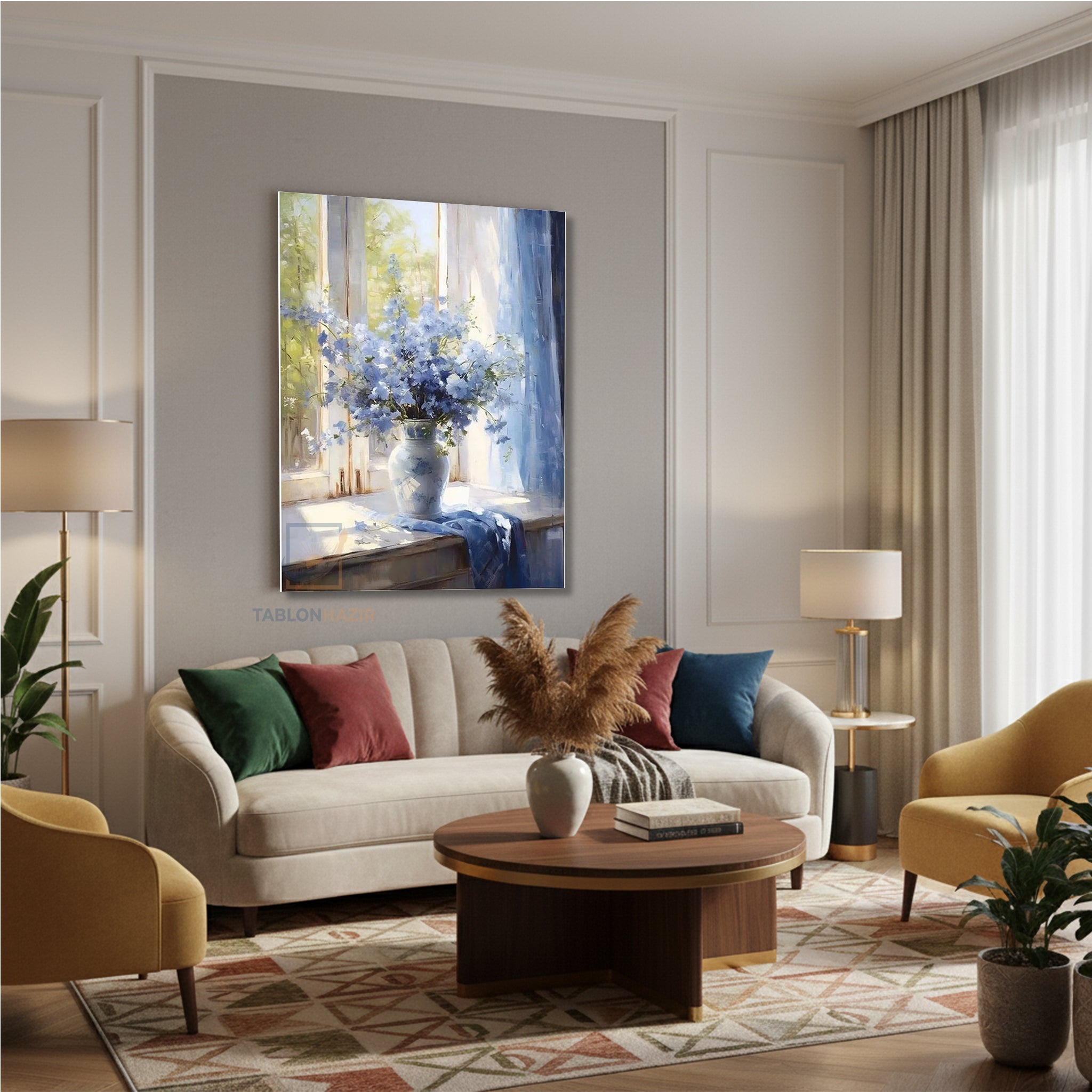 Dikey Kanvas Tablo Salon Duvar Tablosu Mor Çiçekler Vazo Yeni Ev Hediyesi Ofis Tablosu