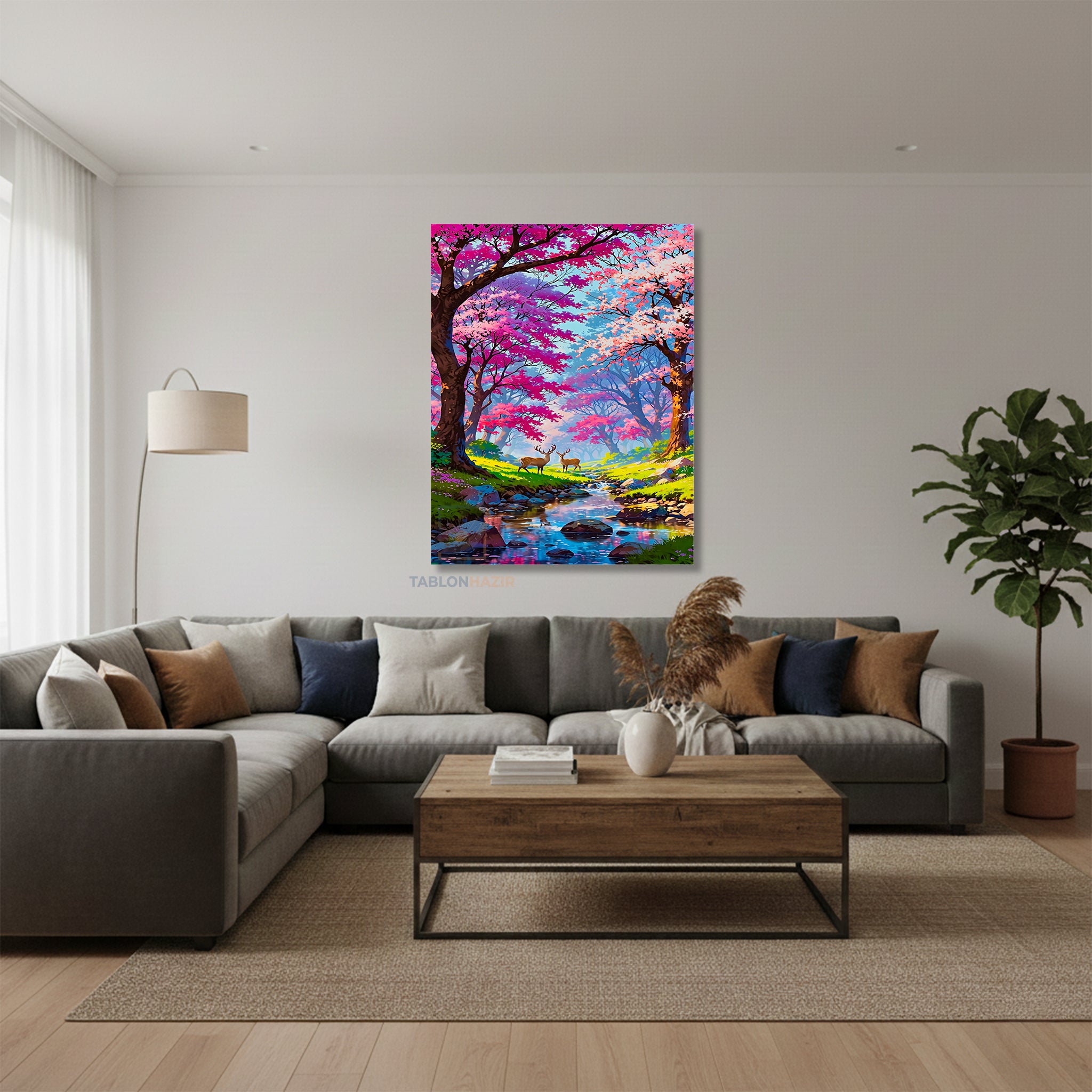 Dikey Kanvas Tablo Salon Duvar Tablosu Pembe Ağaç Geyik Yeni Ev Hediyesi Ofis Tablosu