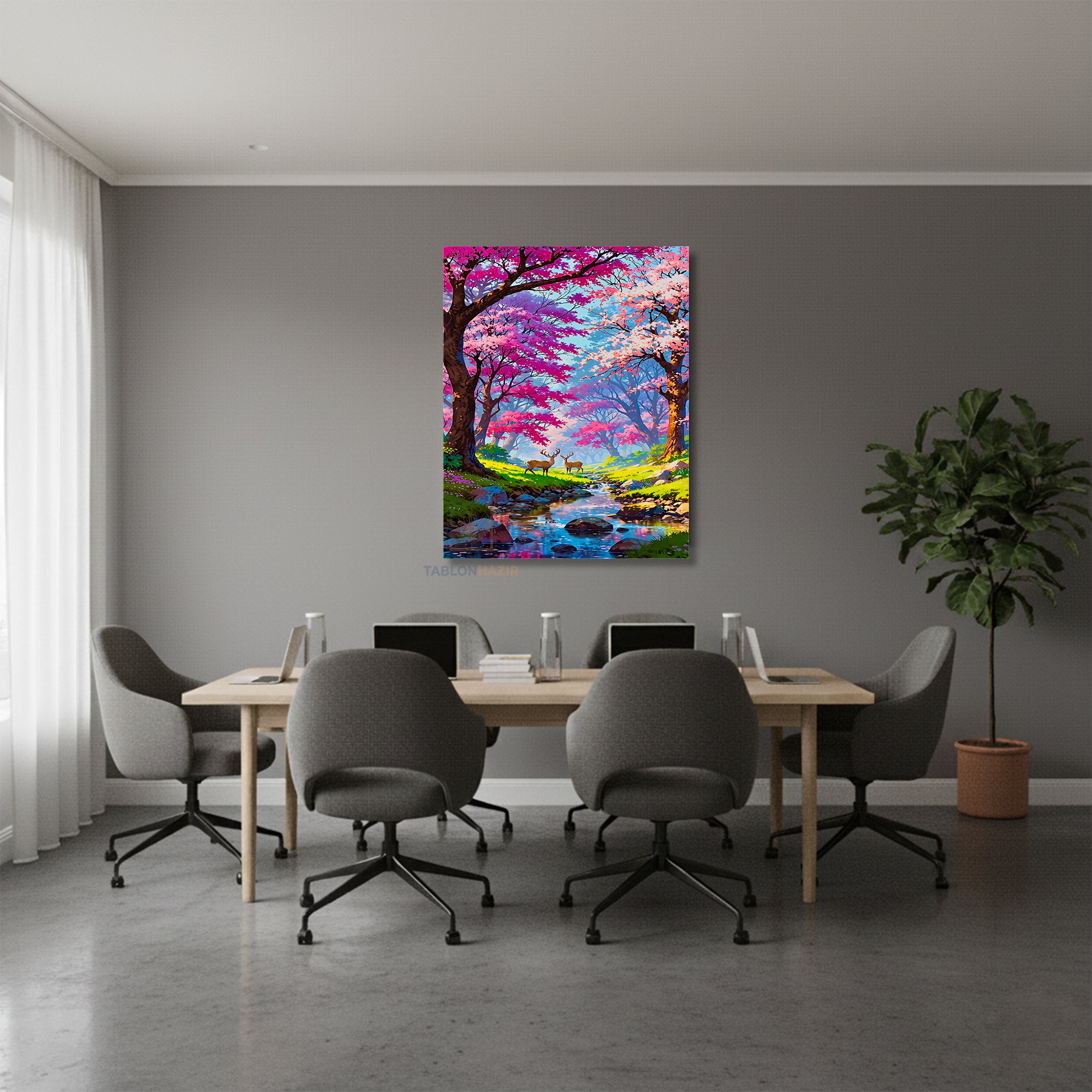 Dikey Kanvas Tablo Salon Duvar Tablosu Pembe Ağaç Geyik Yeni Ev Hediyesi Ofis Tablosu