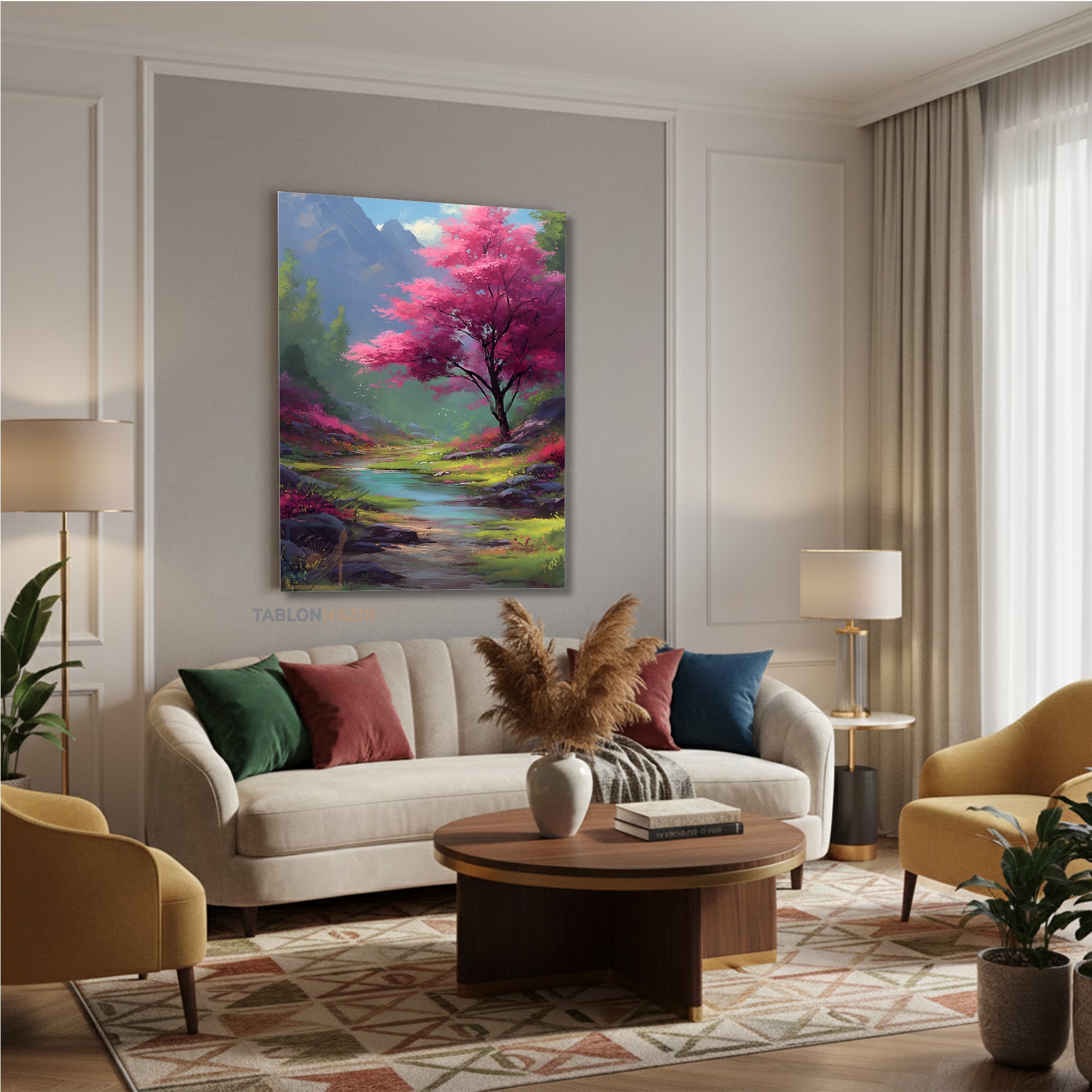 Dikey Kanvas Tablo Salon Duvar Tablosu Pembe Ağaç İrmak Yeni Ev Hediyesi Ofis Tablosu