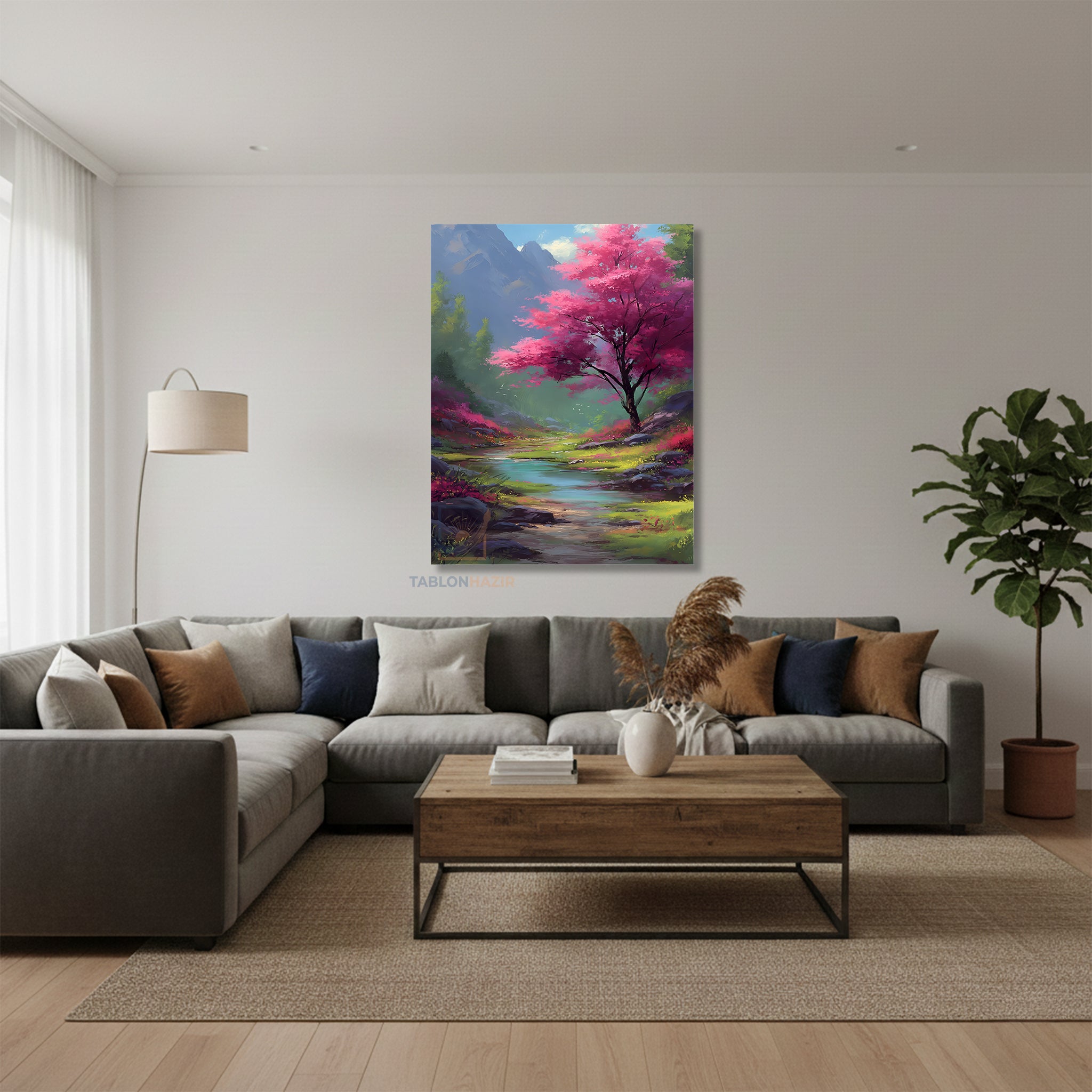 Dikey Kanvas Tablo Salon Duvar Tablosu Pembe Ağaç İrmak Yeni Ev Hediyesi Ofis Tablosu