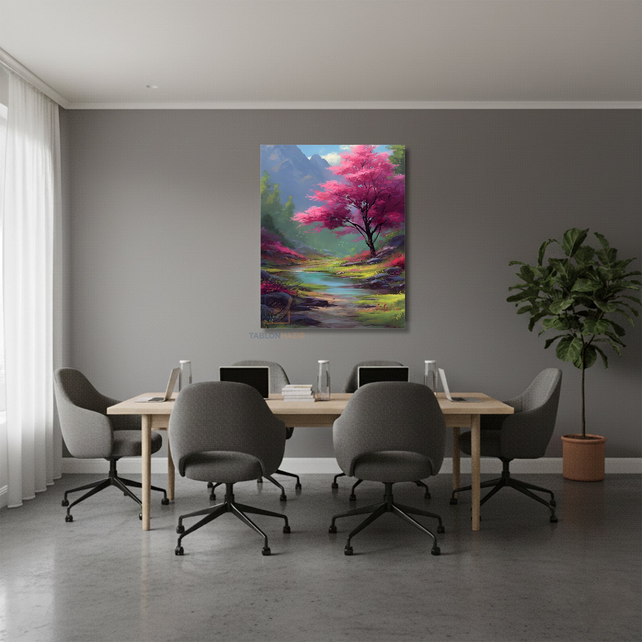 Dikey Kanvas Tablo Salon Duvar Tablosu Pembe Ağaç İrmak Yeni Ev Hediyesi Ofis Tablosu