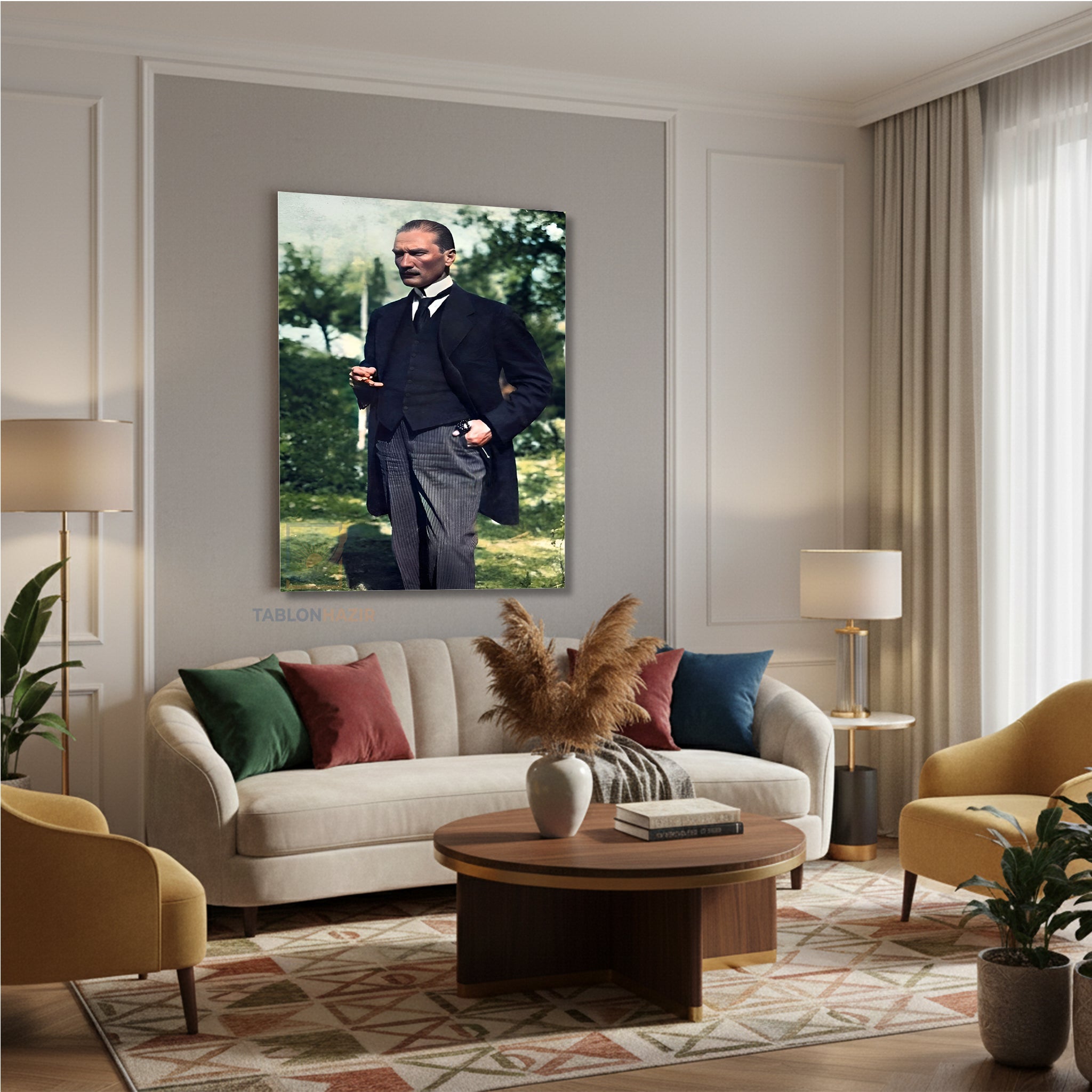 Dikey Kanvas Tablo Salon Duvar Tablosu Renkli Atatürk Eli Cepte Yeni Ev Hediyesi Ofis Tablosu