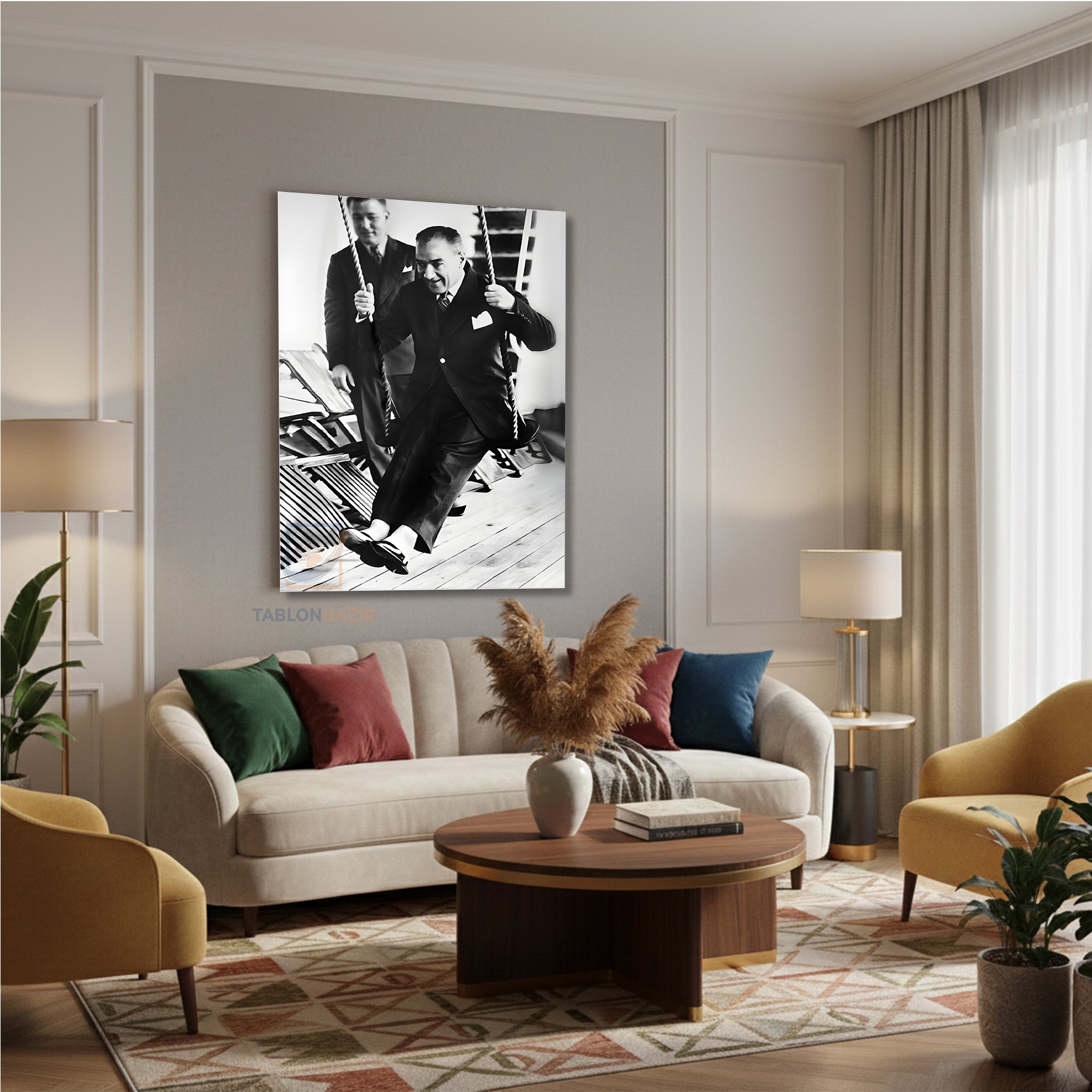 Dikey Kanvas Tablo Salon Duvar Tablosu Salıncakta Atatürk Yeni Ev Hediyesi Ofis Tablosu