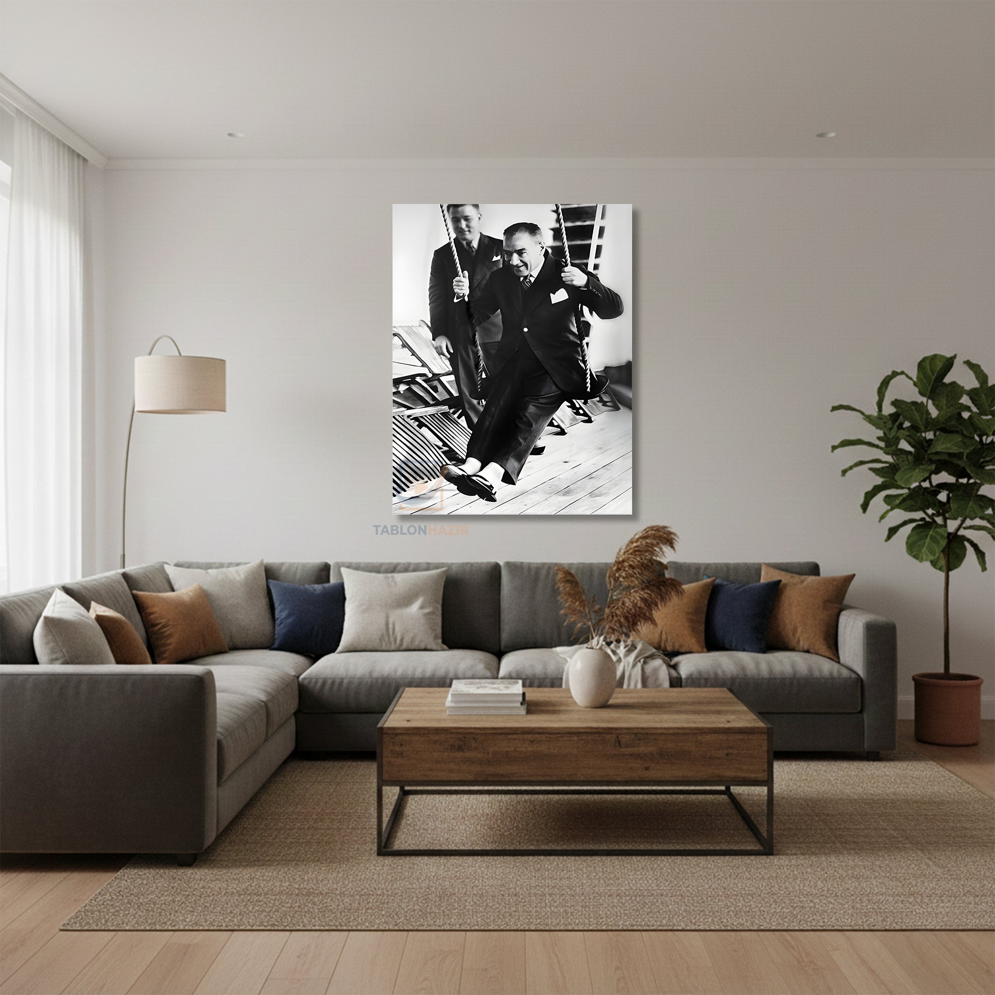 Dikey Kanvas Tablo Salon Duvar Tablosu Salıncakta Atatürk Yeni Ev Hediyesi Ofis Tablosu