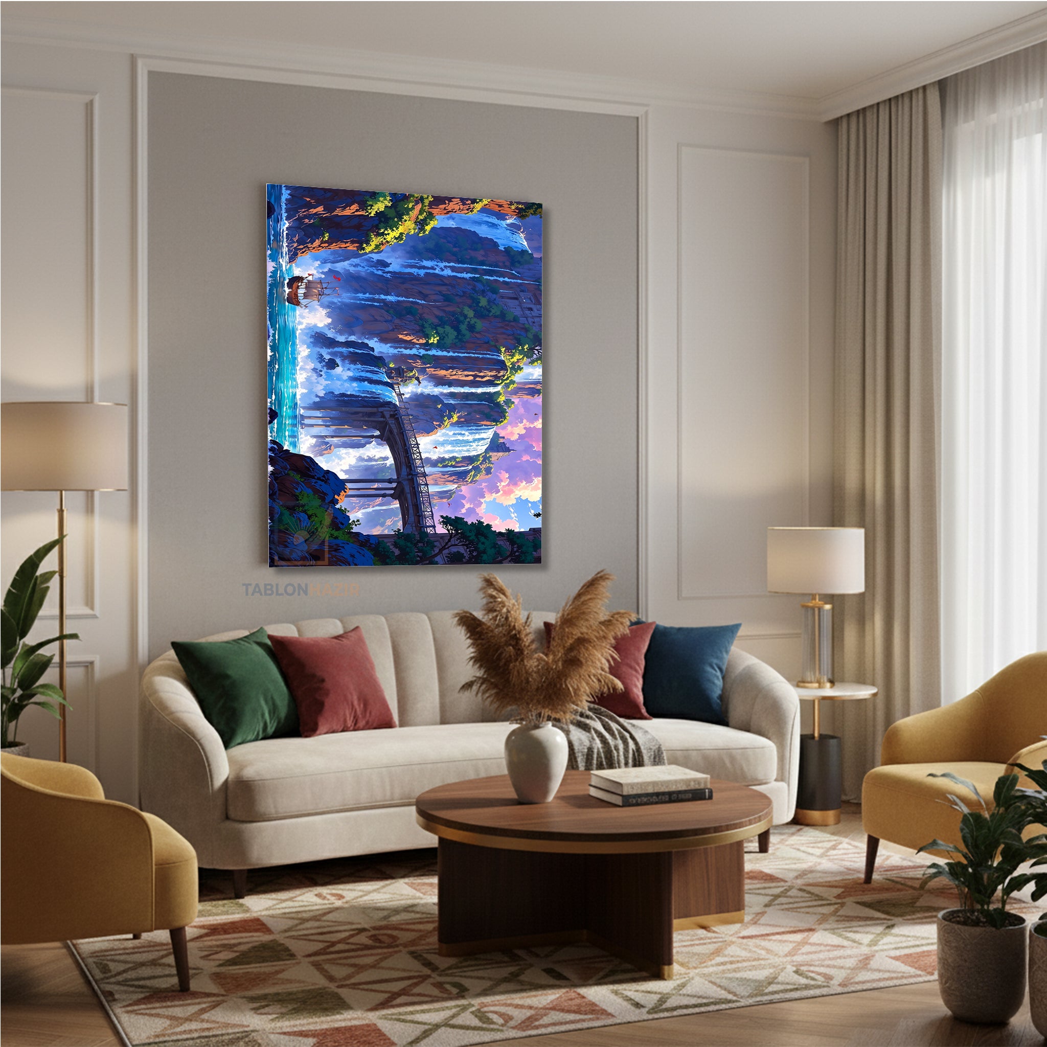 Dikey Kanvas Tablo Salon Duvar Tablosu Selale Gemi Yeni Ev Hediyesi Ofis Tablosu