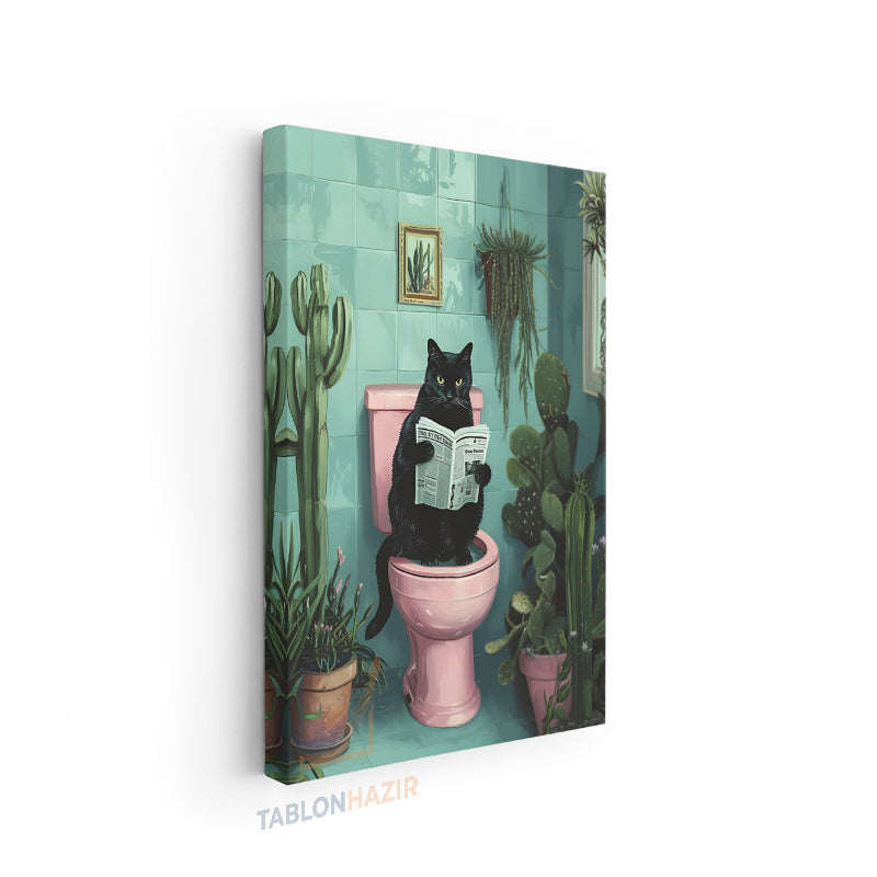 Dikey Kanvas Tablo Salon Duvar Tablosu Siyah Kedi Pembe Klozet Yeni Ev Hediyesi Ofis Tablosu