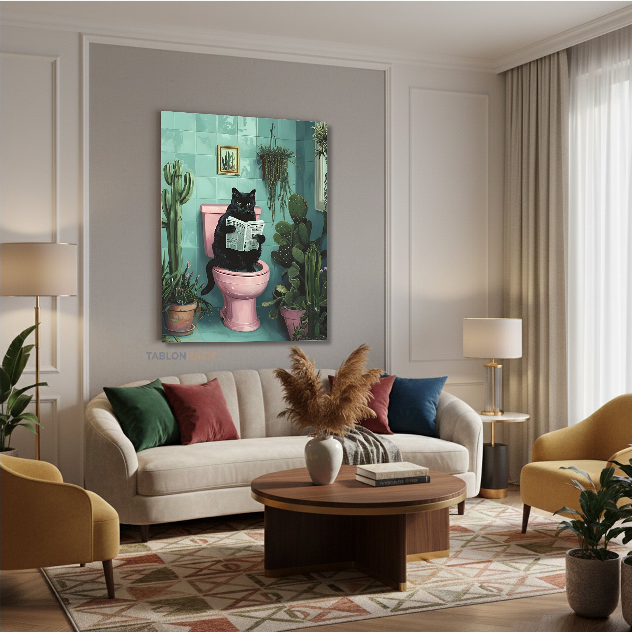 Dikey Kanvas Tablo Salon Duvar Tablosu Siyah Kedi Pembe Klozet Yeni Ev Hediyesi Ofis Tablosu