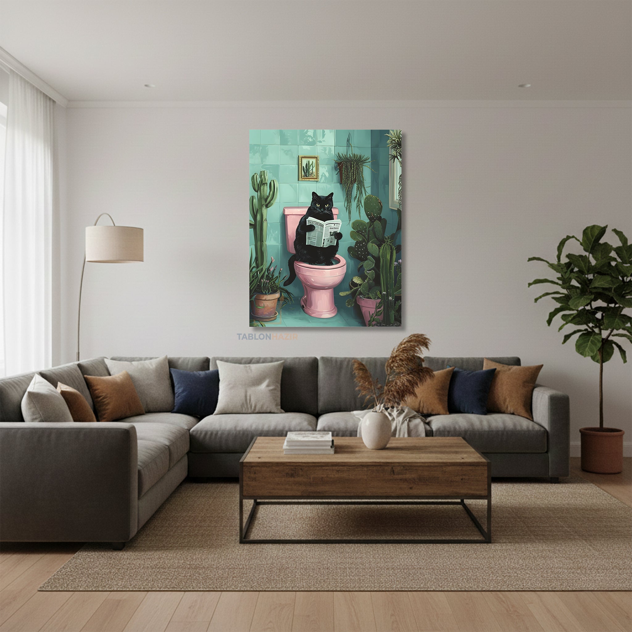 Dikey Kanvas Tablo Salon Duvar Tablosu Siyah Kedi Pembe Klozet Yeni Ev Hediyesi Ofis Tablosu