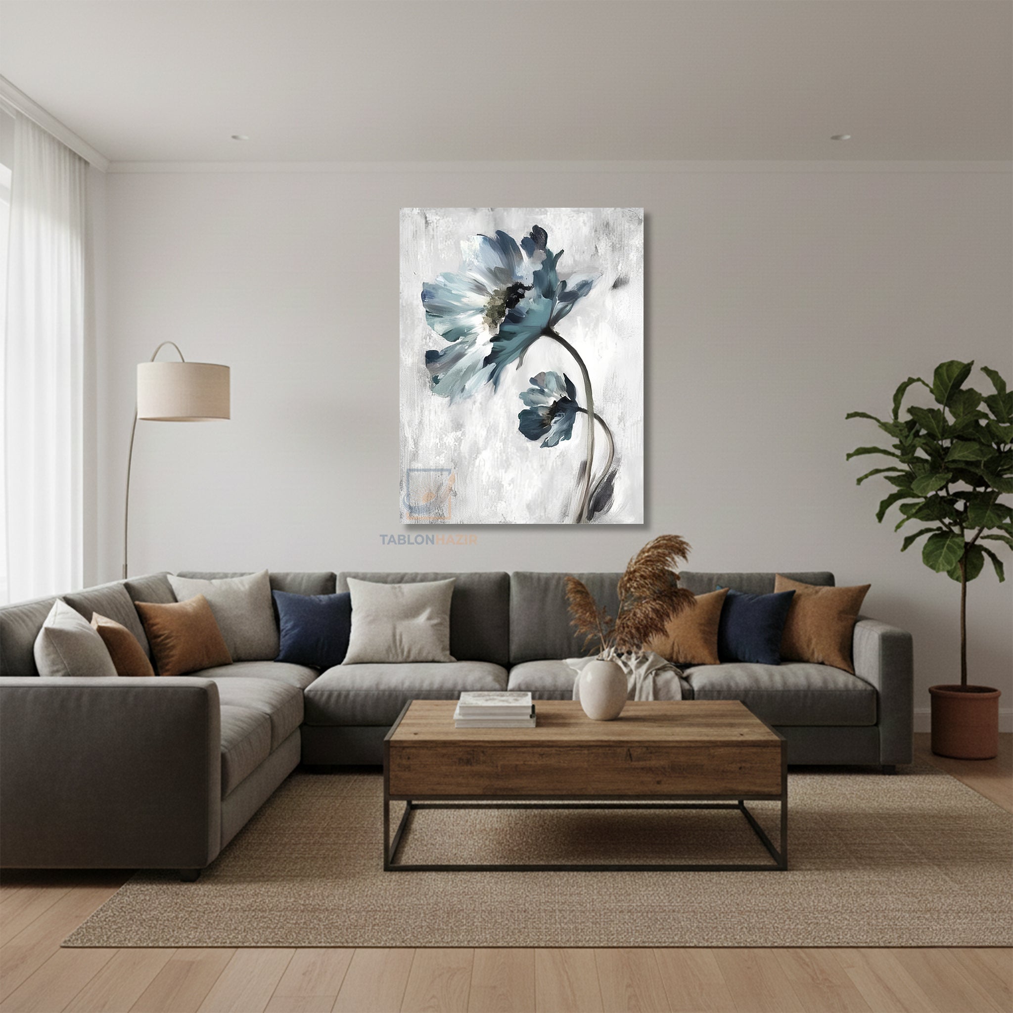 Dikey Kanvas Tablo Salon Duvar Tablosu Soyut Mavi Çiçek Yeni Ev Hediyesi Ofis Tablosu