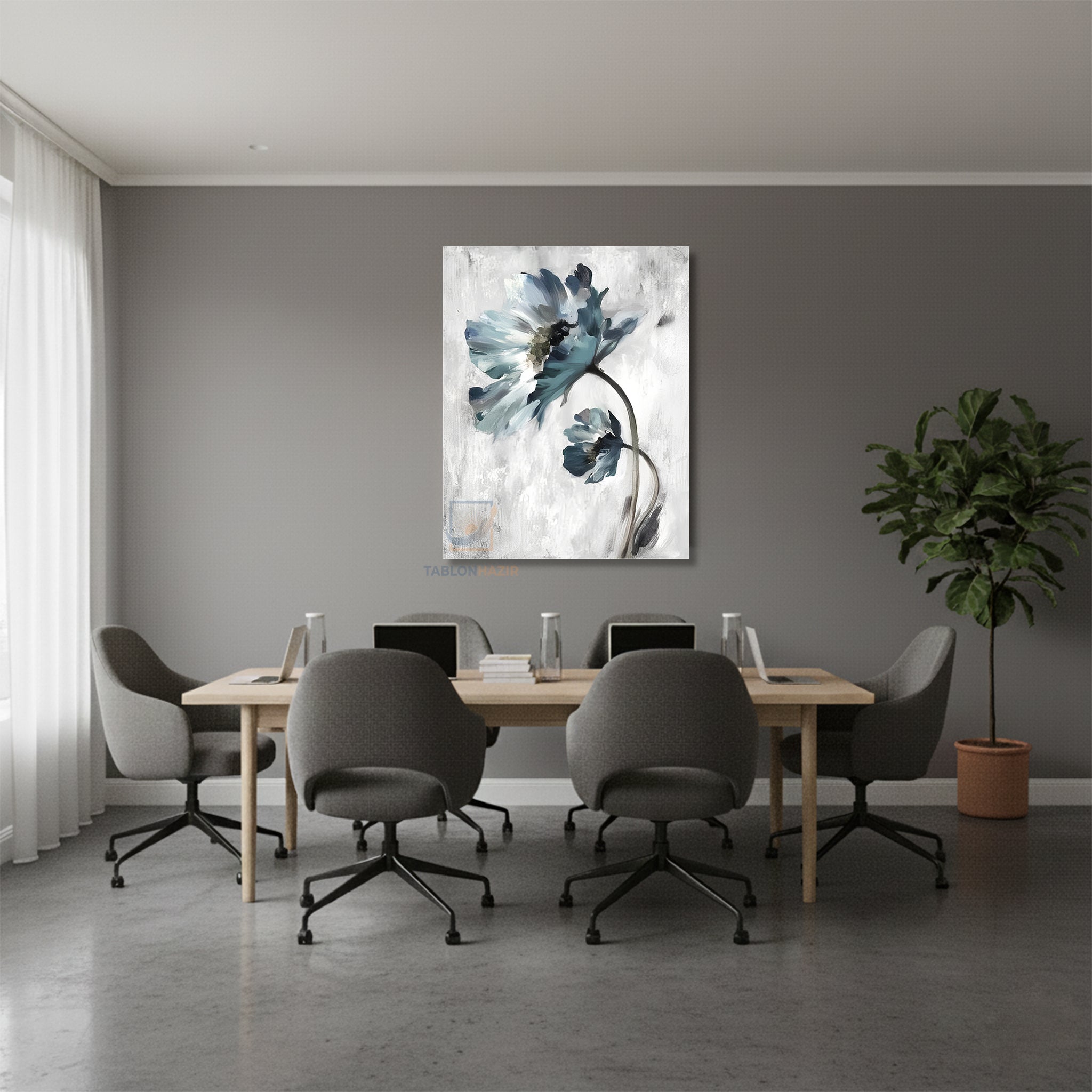 Dikey Kanvas Tablo Salon Duvar Tablosu Soyut Mavi Çiçek Yeni Ev Hediyesi Ofis Tablosu