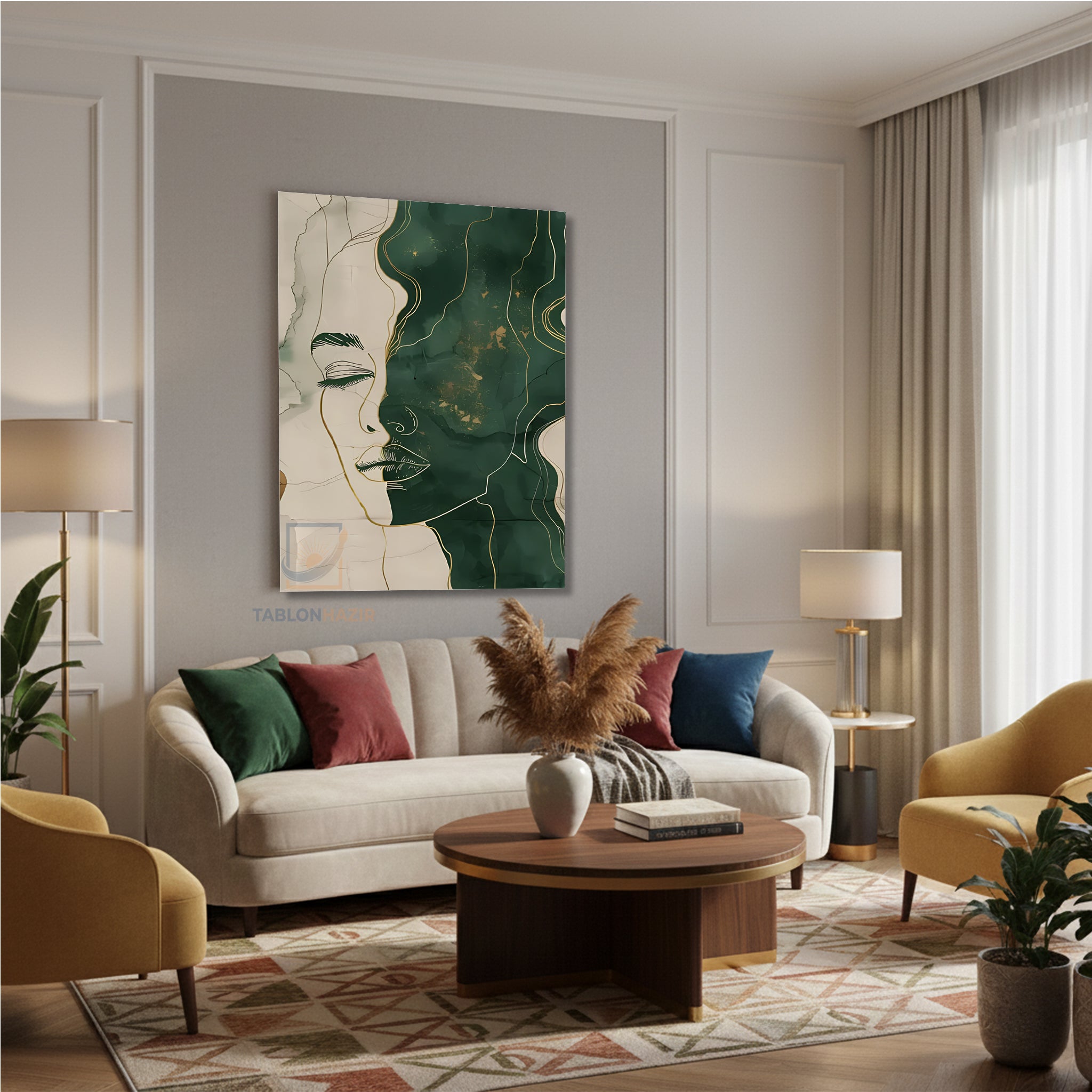 Dikey Kanvas Tablo Salon Duvar Tablosu Soyut Yesil Siluet Yeni Ev Hediyesi Ofis Tablosu
