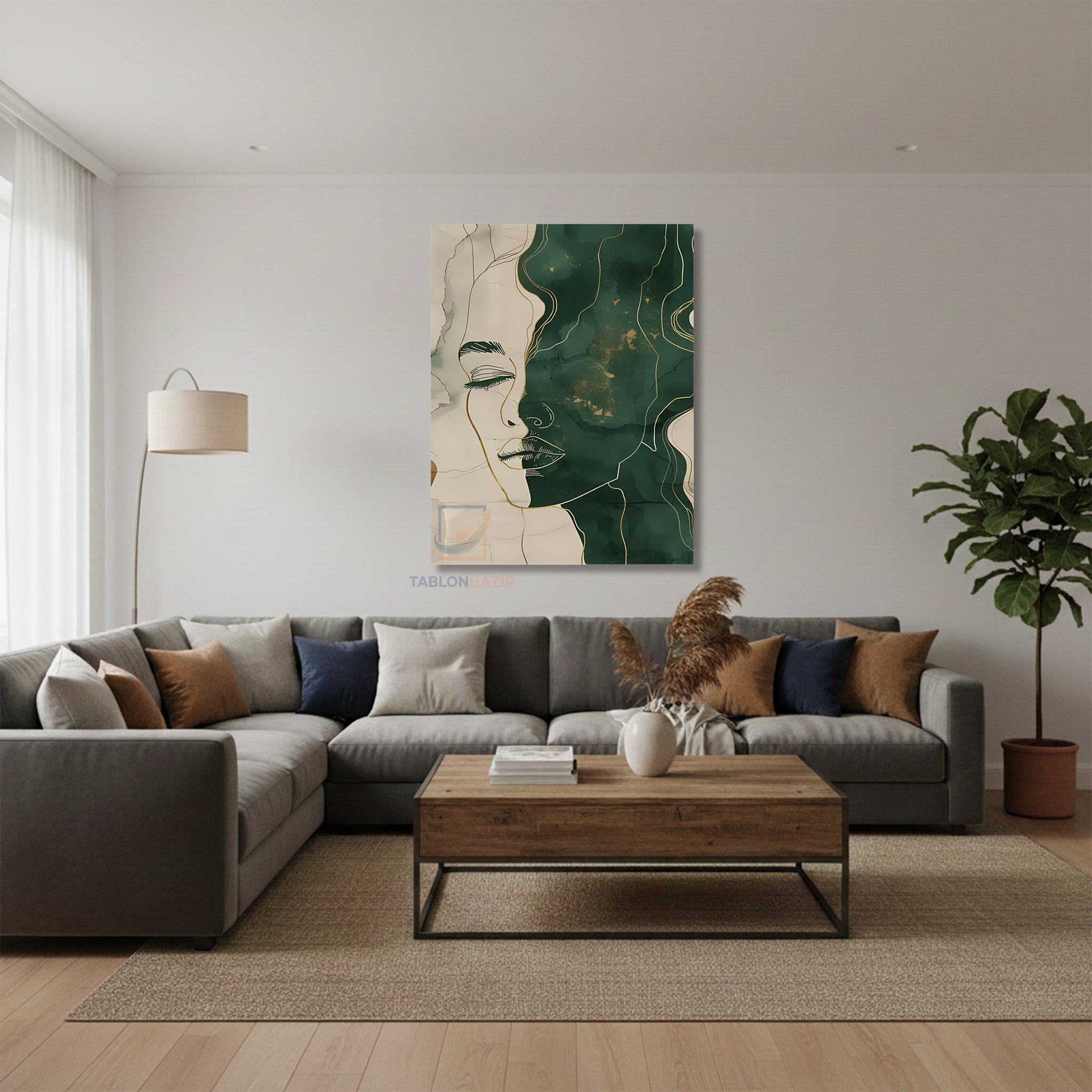 Dikey Kanvas Tablo Salon Duvar Tablosu Soyut Yesil Siluet Yeni Ev Hediyesi Ofis Tablosu