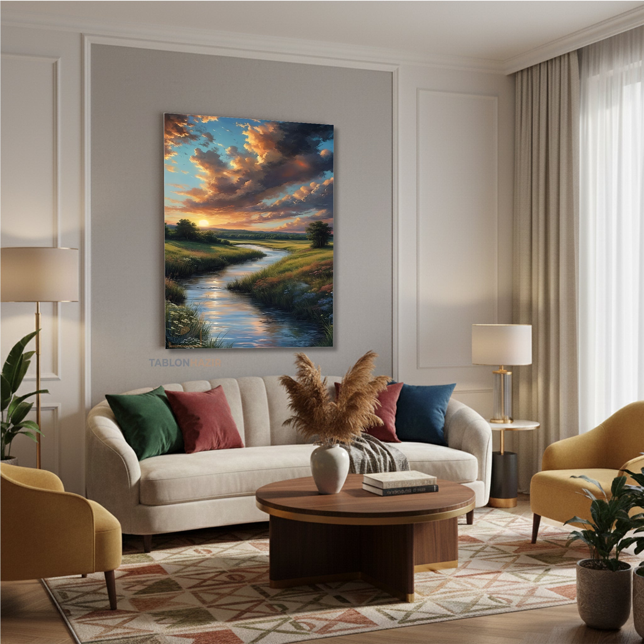 Dikey Kanvas Tablo Salon Duvar Tablosu Yesillik Nehir Yeni Ev Hediyesi Ofis Tablosu