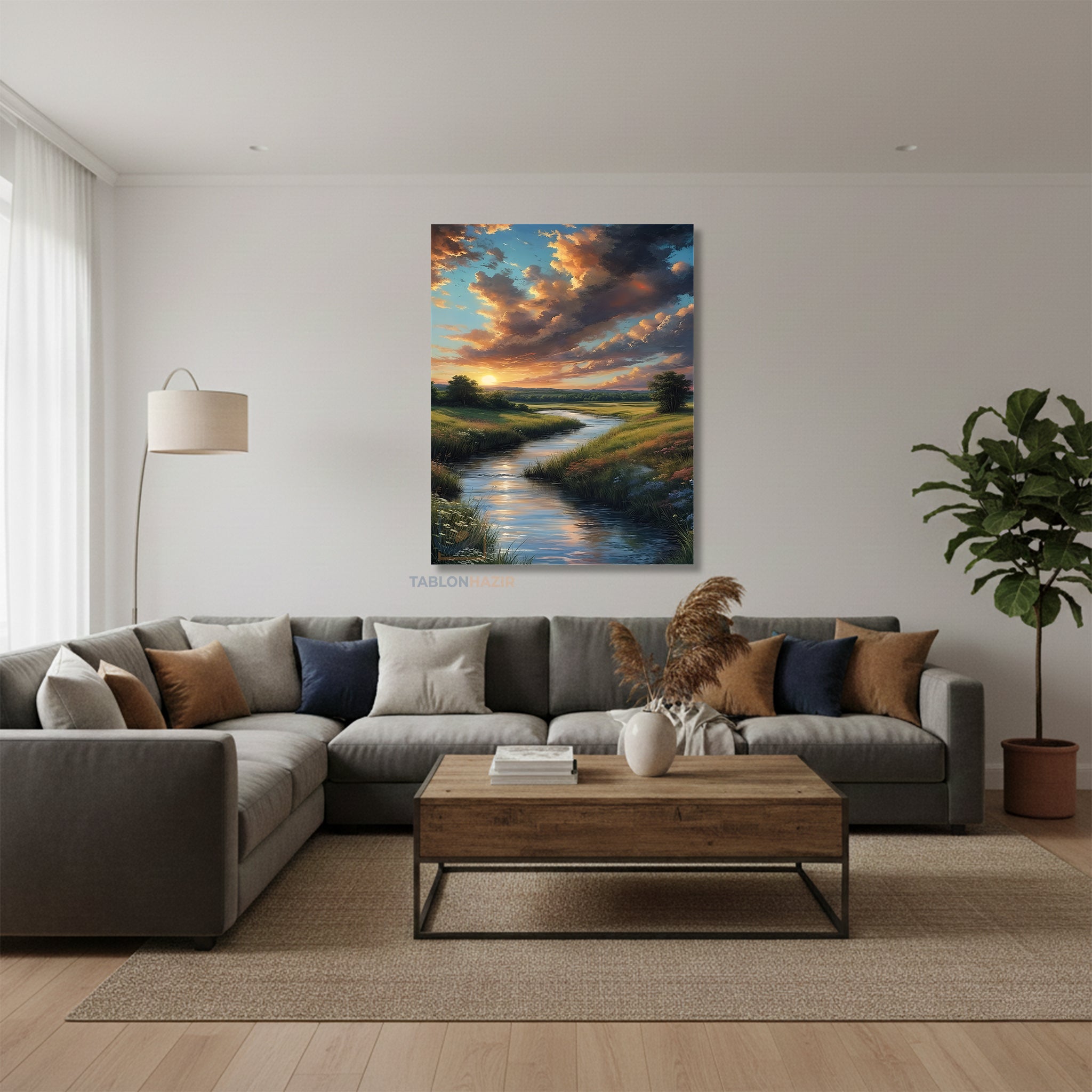 Dikey Kanvas Tablo Salon Duvar Tablosu Yesillik Nehir Yeni Ev Hediyesi Ofis Tablosu