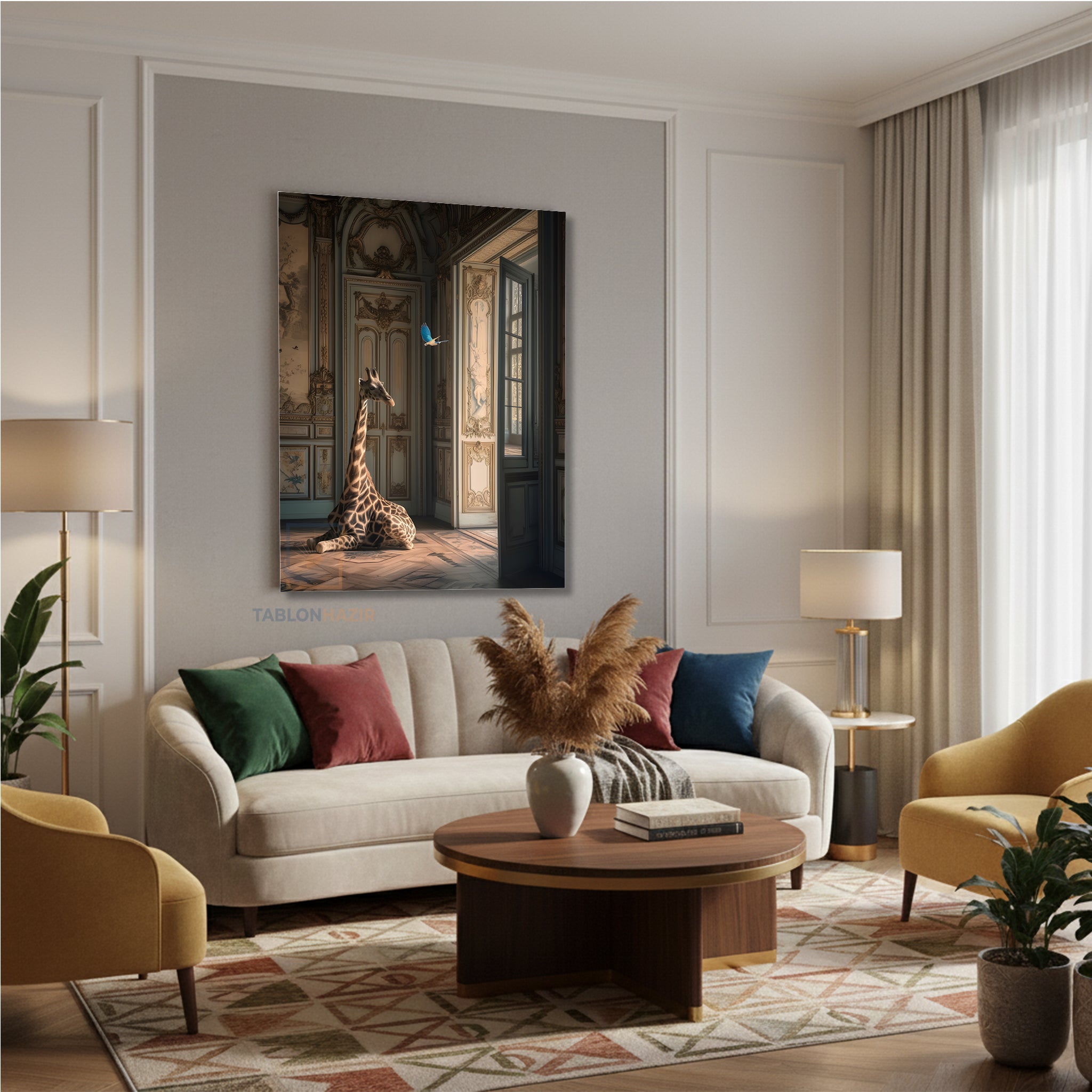 Dikey Kanvas Tablo Salon Duvar Tablosu Zurafa Kuş Antik Yeni Ev Hediyesi Ofis Tablosu