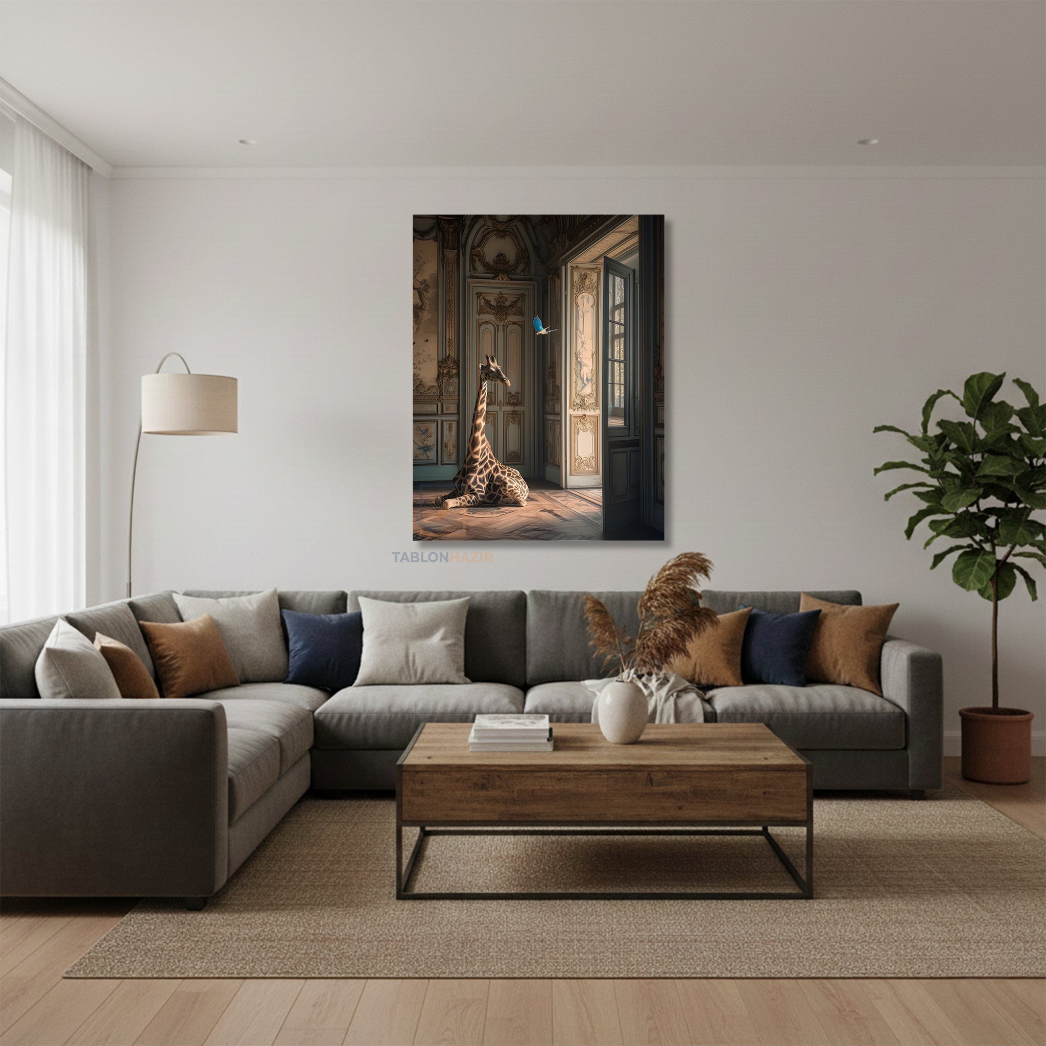 Dikey Kanvas Tablo Salon Duvar Tablosu Zurafa Kuş Antik Yeni Ev Hediyesi Ofis Tablosu