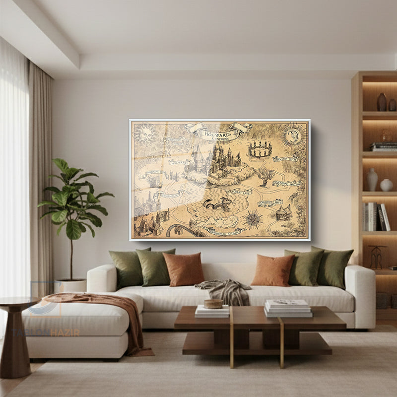 Çerçeveli Yatay Cam Tablo Salon Duvar Tablosu Yatay Cam Hogwards Map Yeni Ev Hediyesi Ofis Tablosu