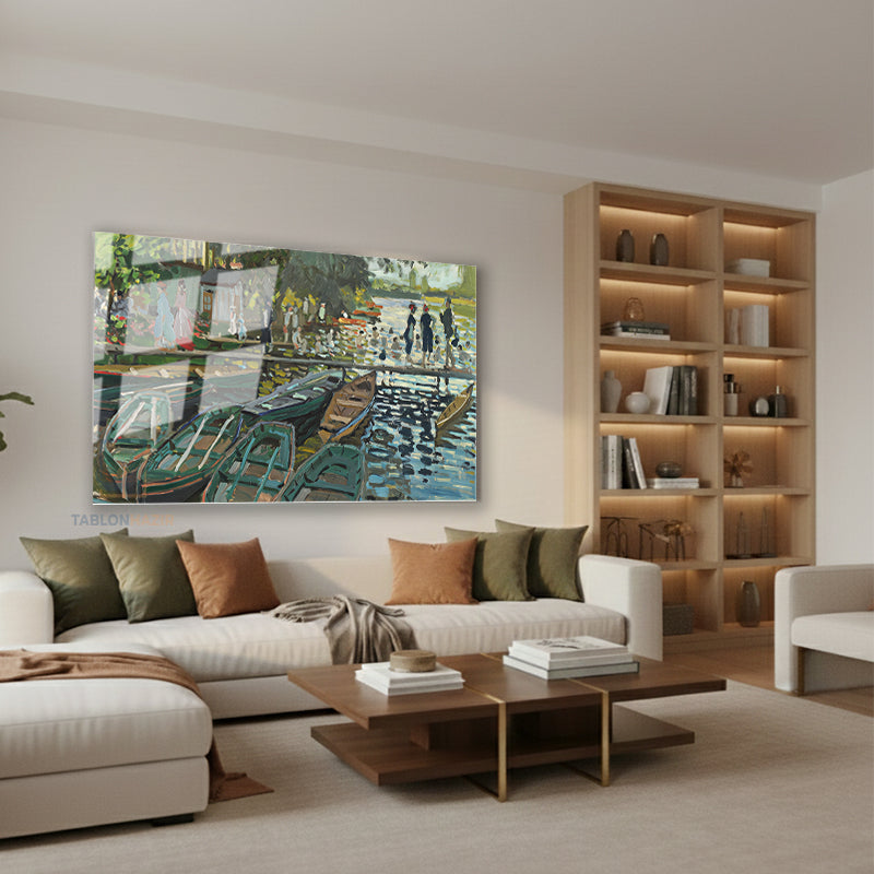 Yatay Cam Tablo Salon Duvar Tablosu Klasik Manzara Kayiklar Yeni Ev Hediyesi Ofis Tablosu